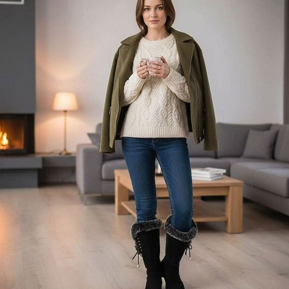 Evelyn | Women's Fur-Trimmed Knee-High Winter Snow Boots Low Block Heel