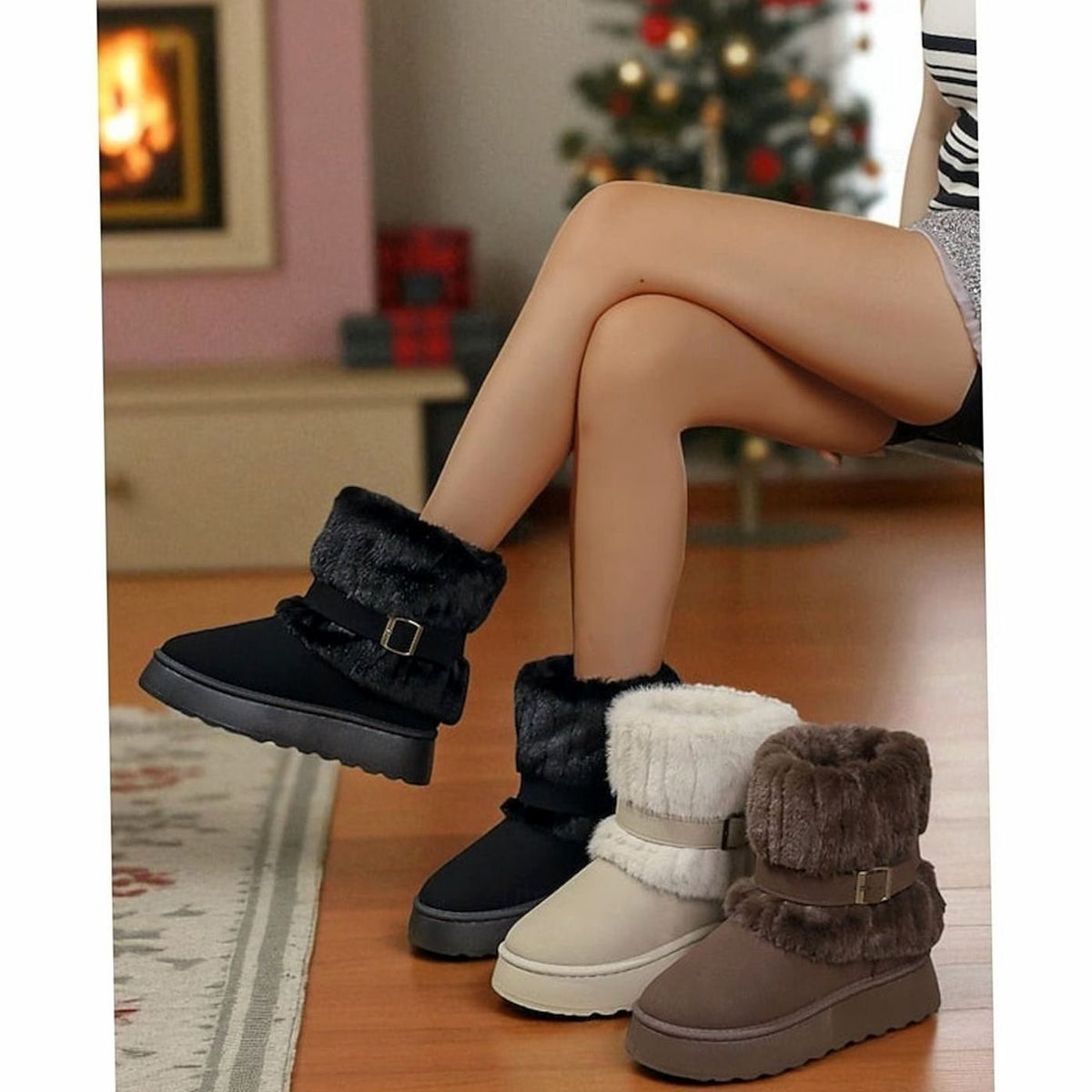 Eleanor | Women's Fur-Trimmed Slip-On Winter Snow Boots, Black