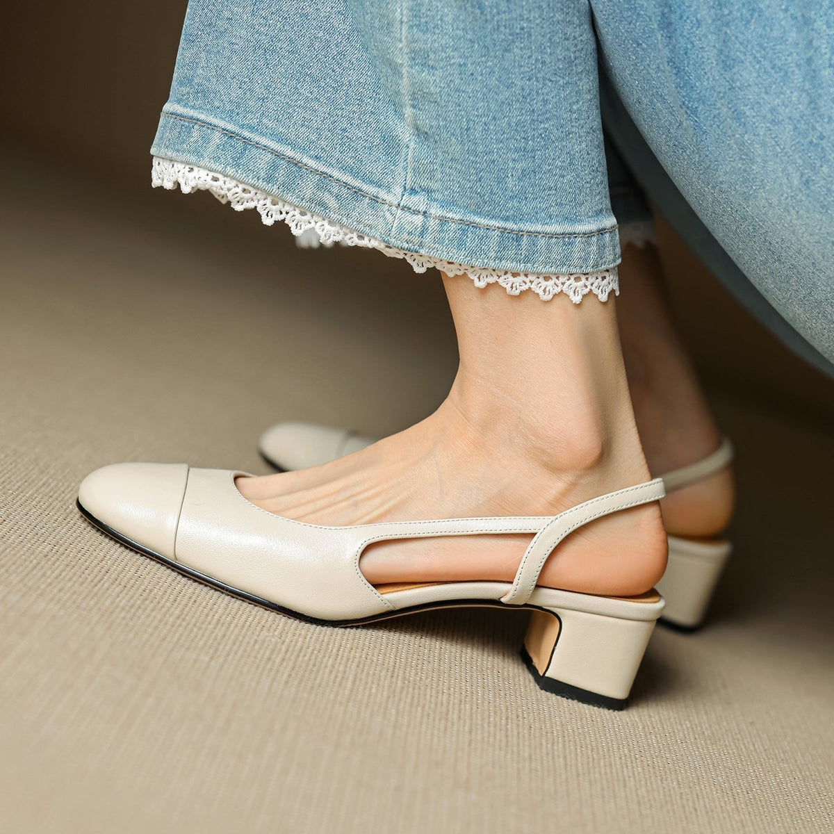 Grace | Women's Genuine Leather Almond-Toe Slingback Block Heel Pumps