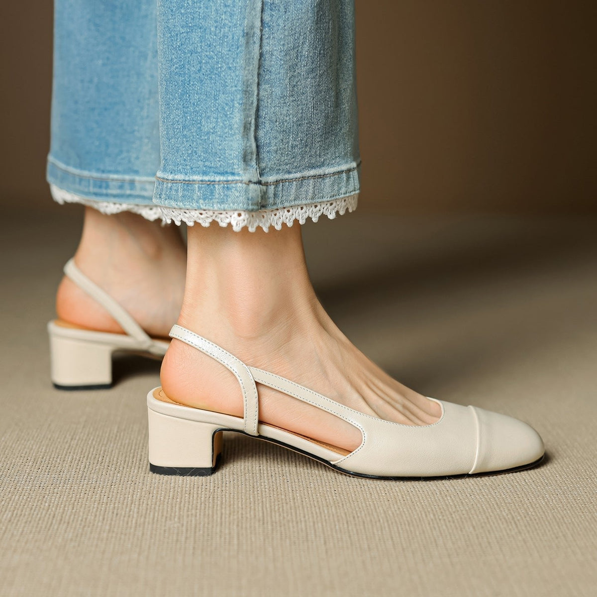 Grace | Women's Genuine Leather Almond-Toe Slingback Block Heel Pumps
