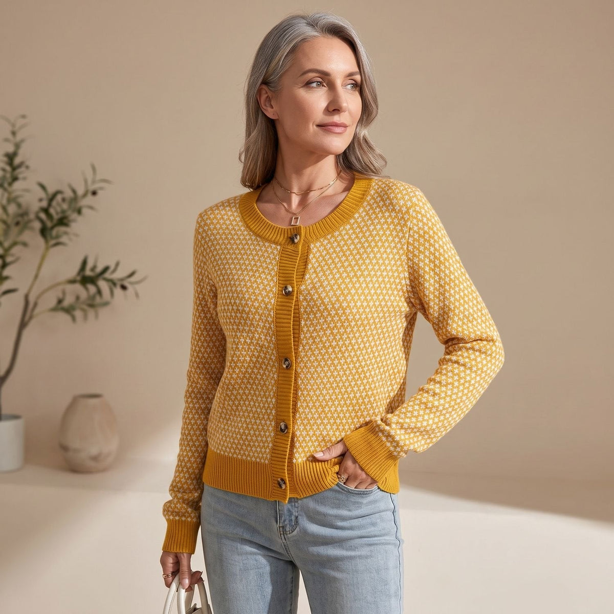 Emma | Women's Geometric Print Button-Front Fitted Cardigan Sweater