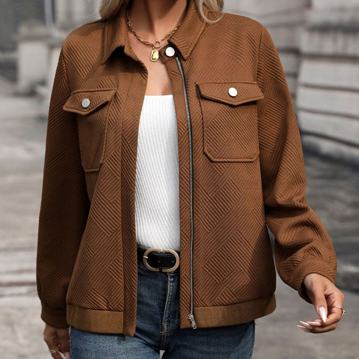 Scarlett | Women's Geometric-Texture Full-Zip Long-Sleeve Jacket Chest Pockets