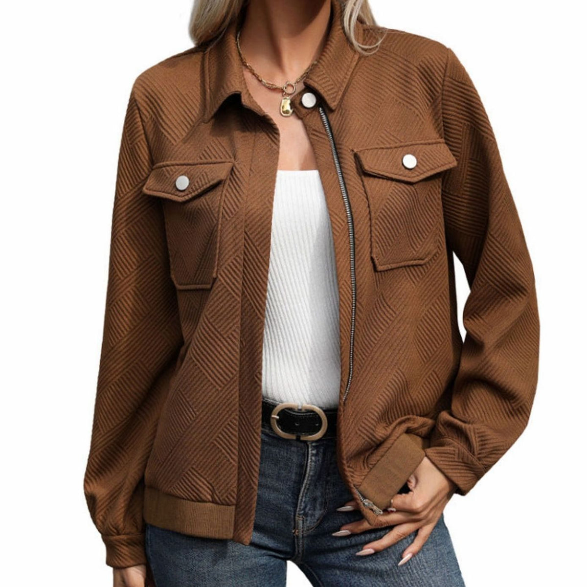 Scarlett | Women's Geometric-Texture Full-Zip Long-Sleeve Jacket Chest Pockets