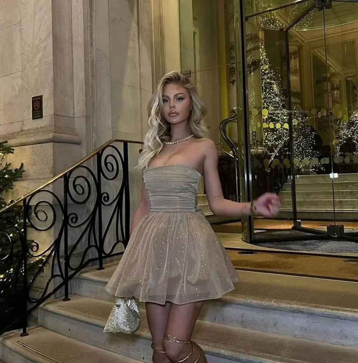 Evelyn | Women's Glitter Pleated Strapless Bustier Christmas Party Mini Dress
