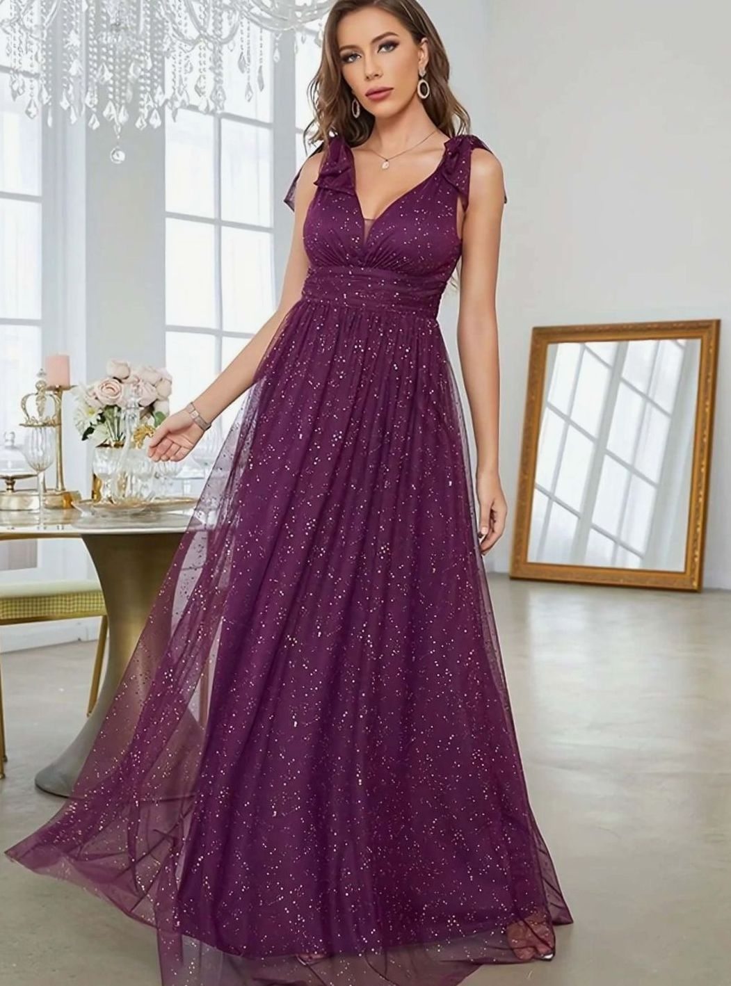 Grace | Women's Glitter Sequin V-Neck Sleeveless Long Formal Dress