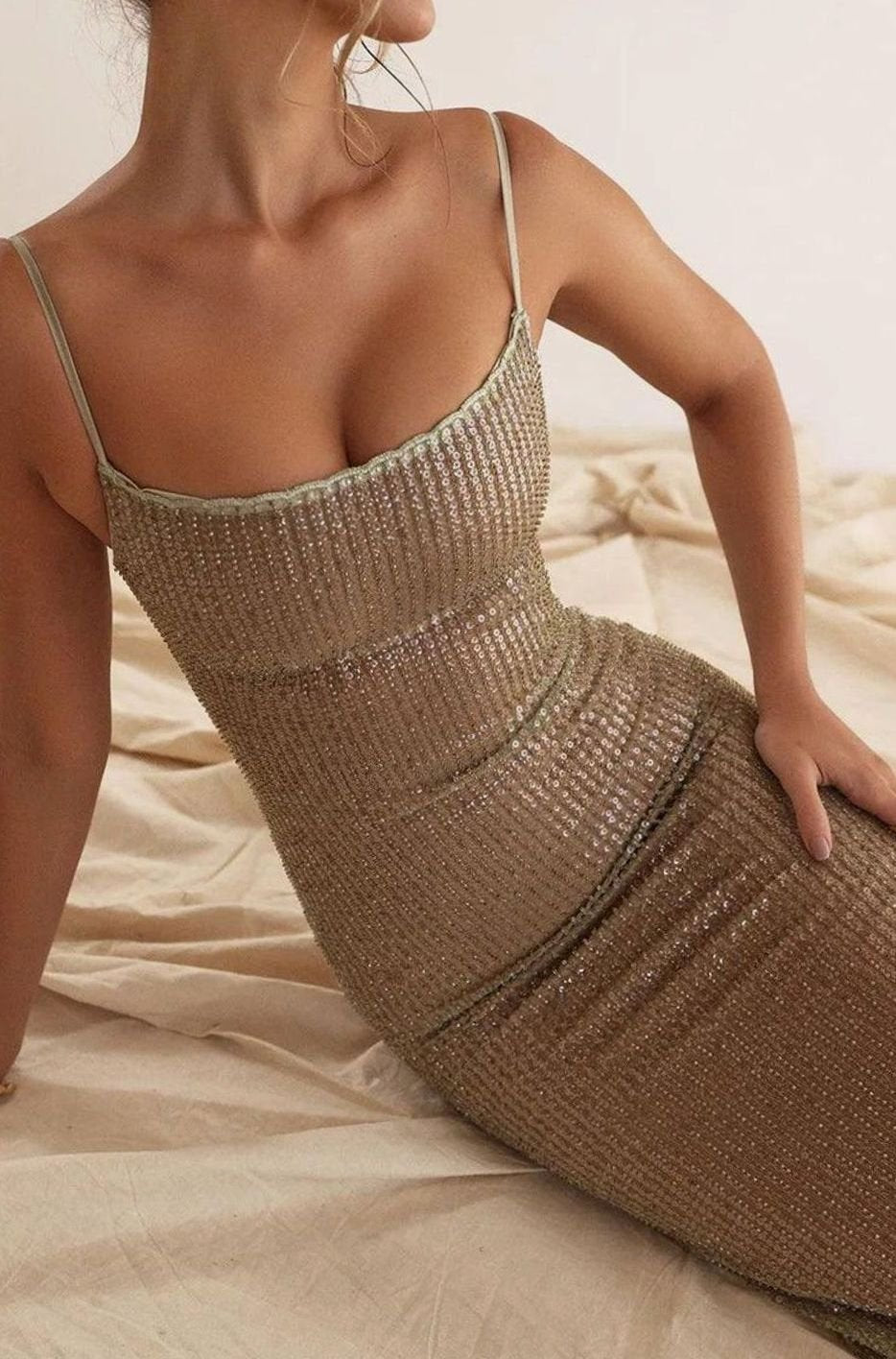 Madison | Women's Gold Glitter Spaghetti-Strap Maxi Christmas Party Dress