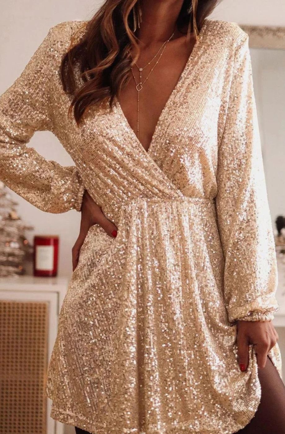 Emma | Women's Gold Sequin Long-Sleeve Wrap Mini Christmas Party Dress