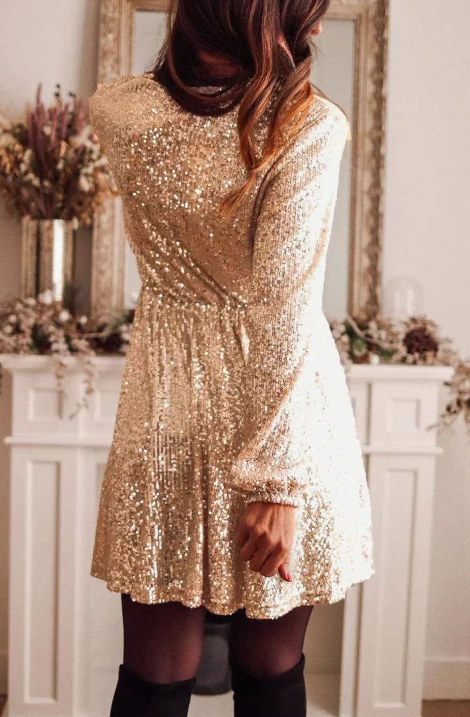 Emma | Women's Gold Sequin Long-Sleeve Wrap Mini Christmas Party Dress