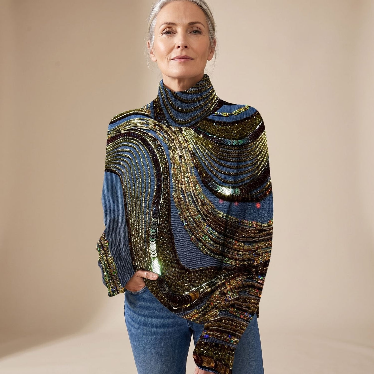 Evelyn | Women's Gold Sequin Turtleneck Long-Sleeve Sweater
