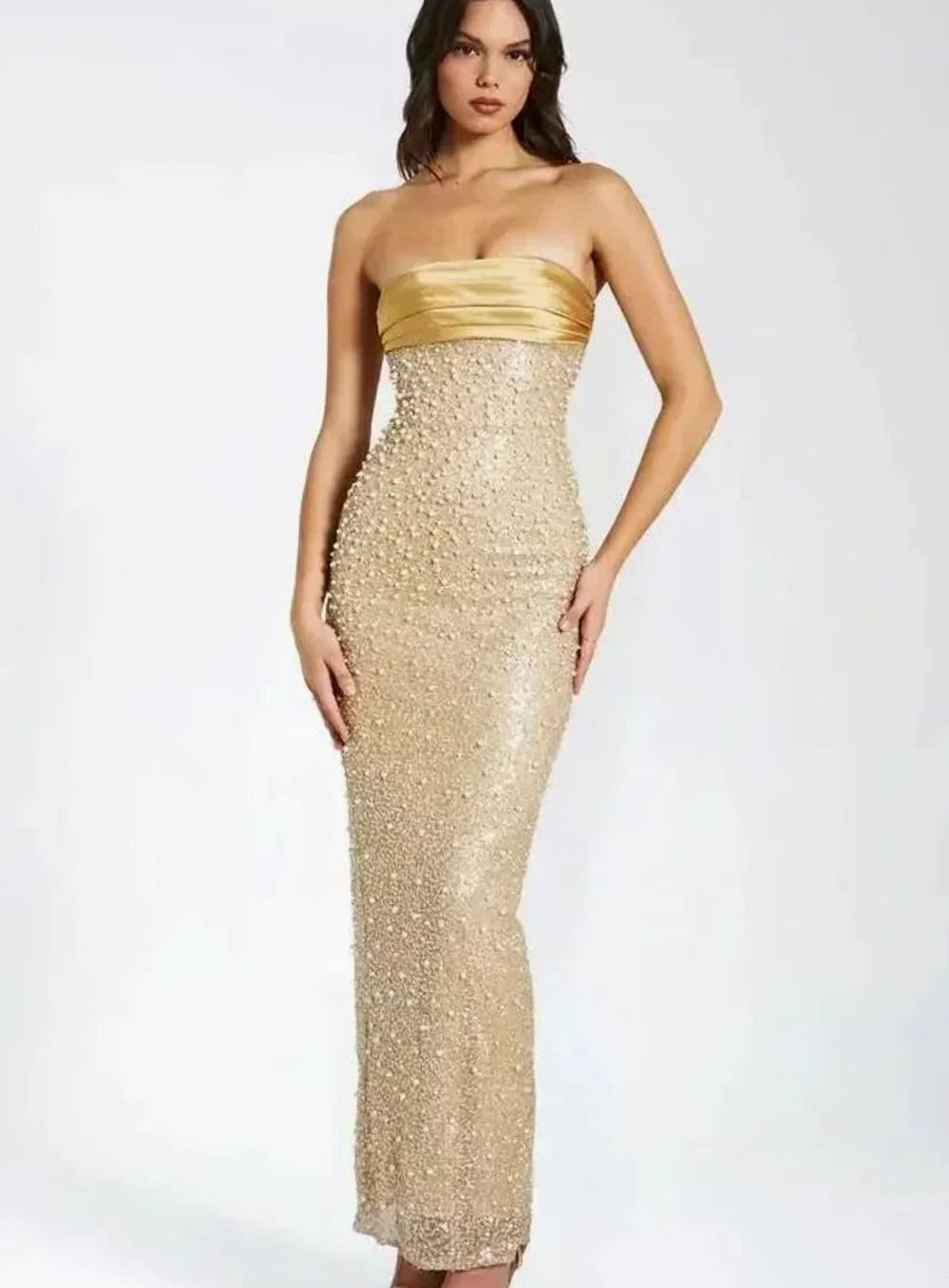 Olivia | Women's Gold Strapless Sequin Maxi Dress Straight Neckline