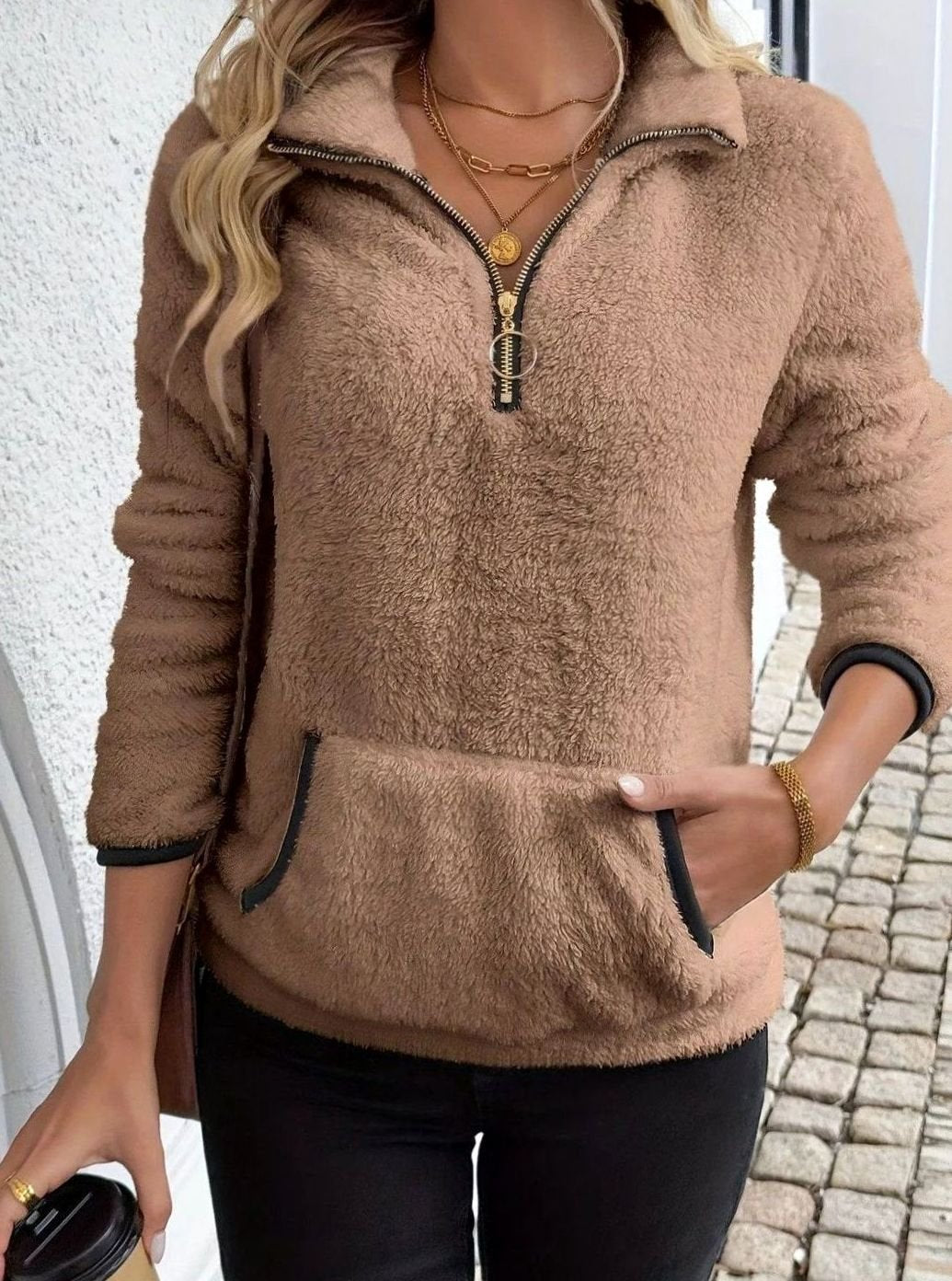 Madison | Women's Half-Zip Teddy Fleece Pullover Sweater Kangaroo Pocket