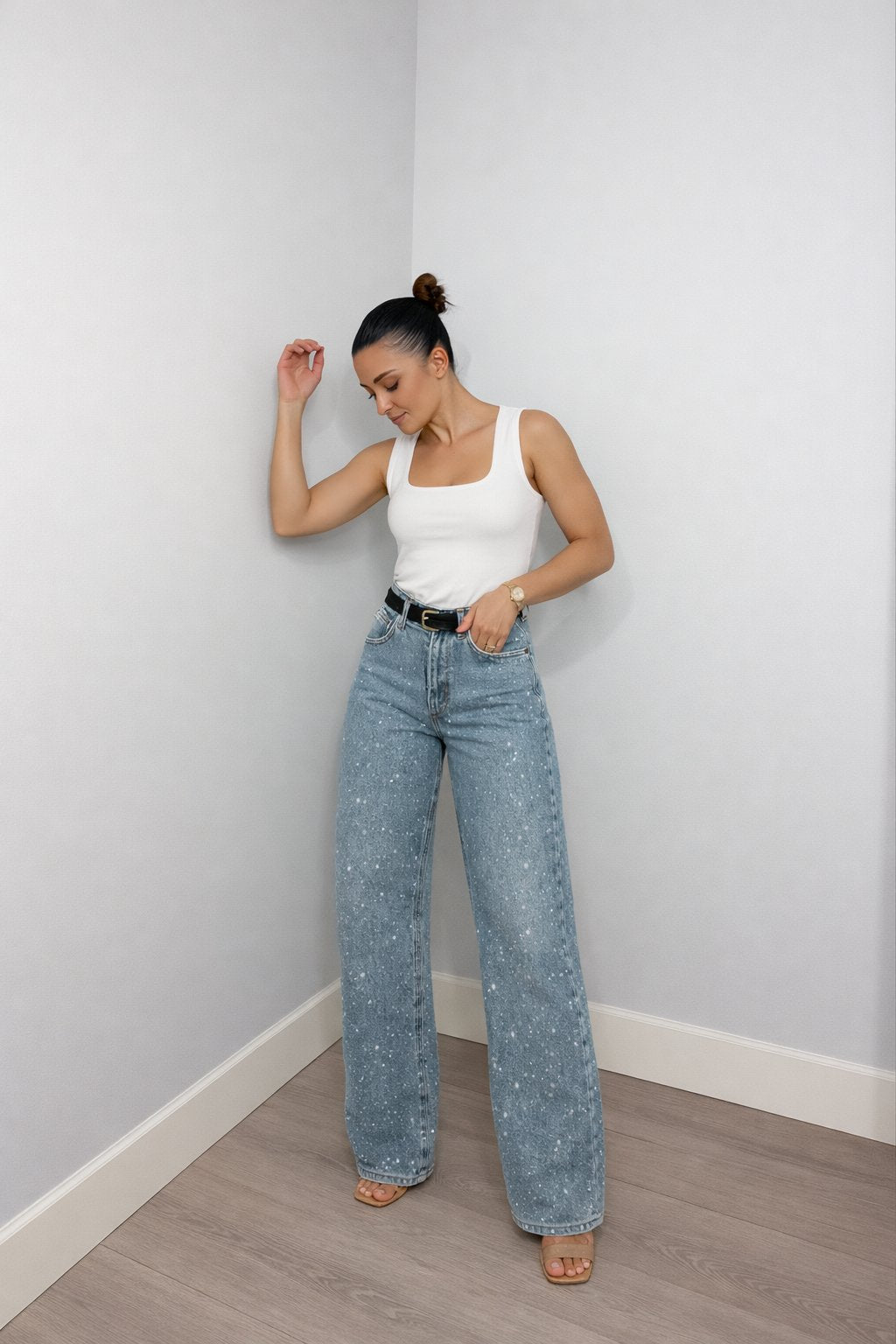 Victoria | Women's High-Waist Wide-Leg Glitter Denim Straight-Cut Jeans