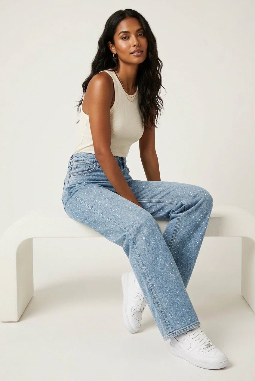 Victoria | Women's High-Waist Wide-Leg Glitter Denim Straight-Cut Jeans