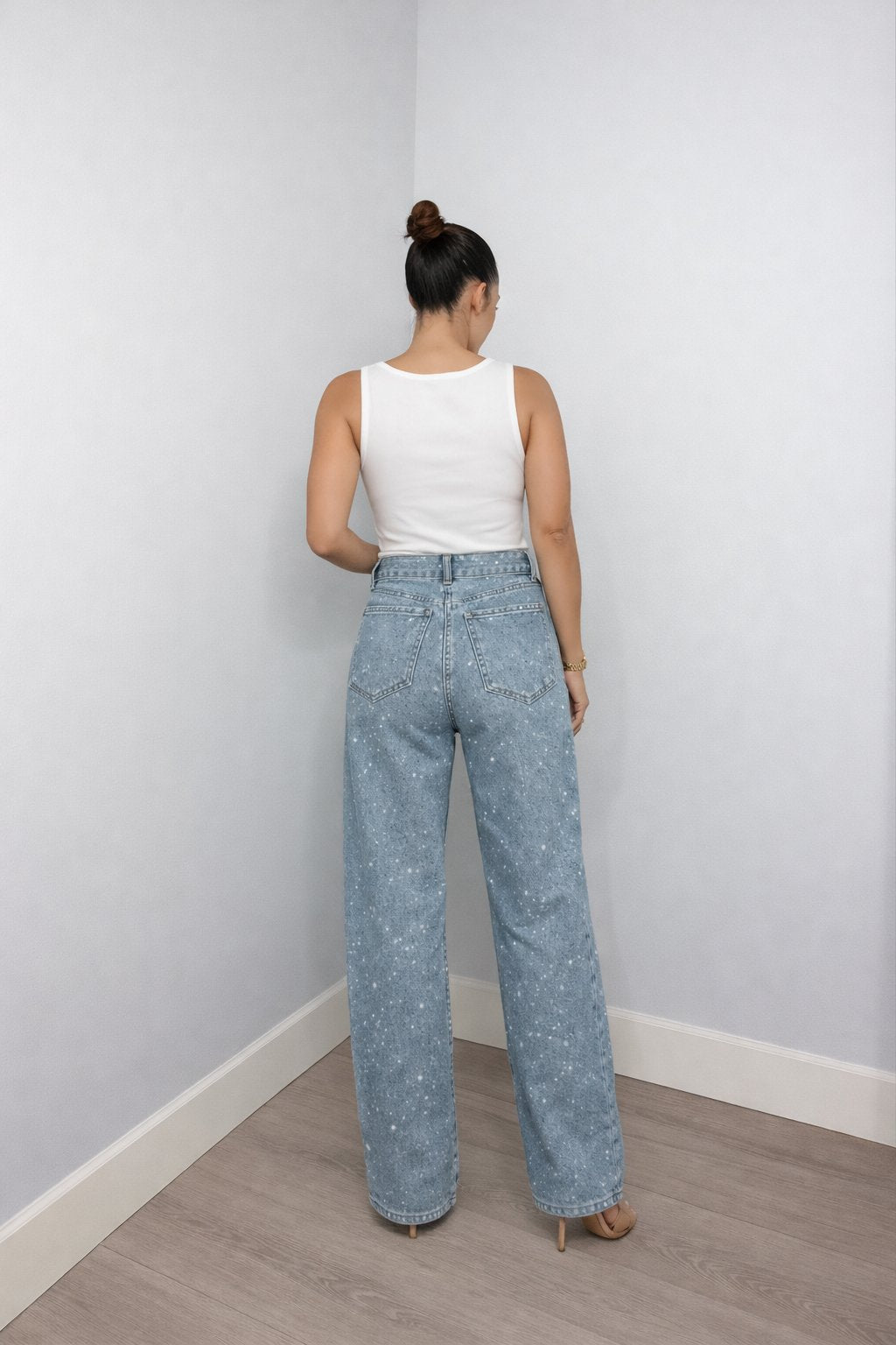 Victoria | Women's High-Waist Wide-Leg Glitter Denim Straight-Cut Jeans