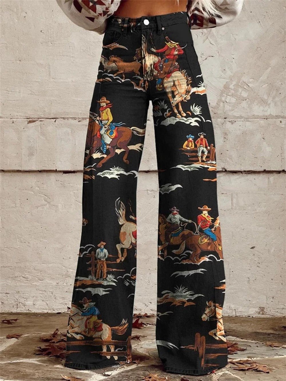 Layla | Women's High-Waist Wide-Leg Western Print Denim Pants