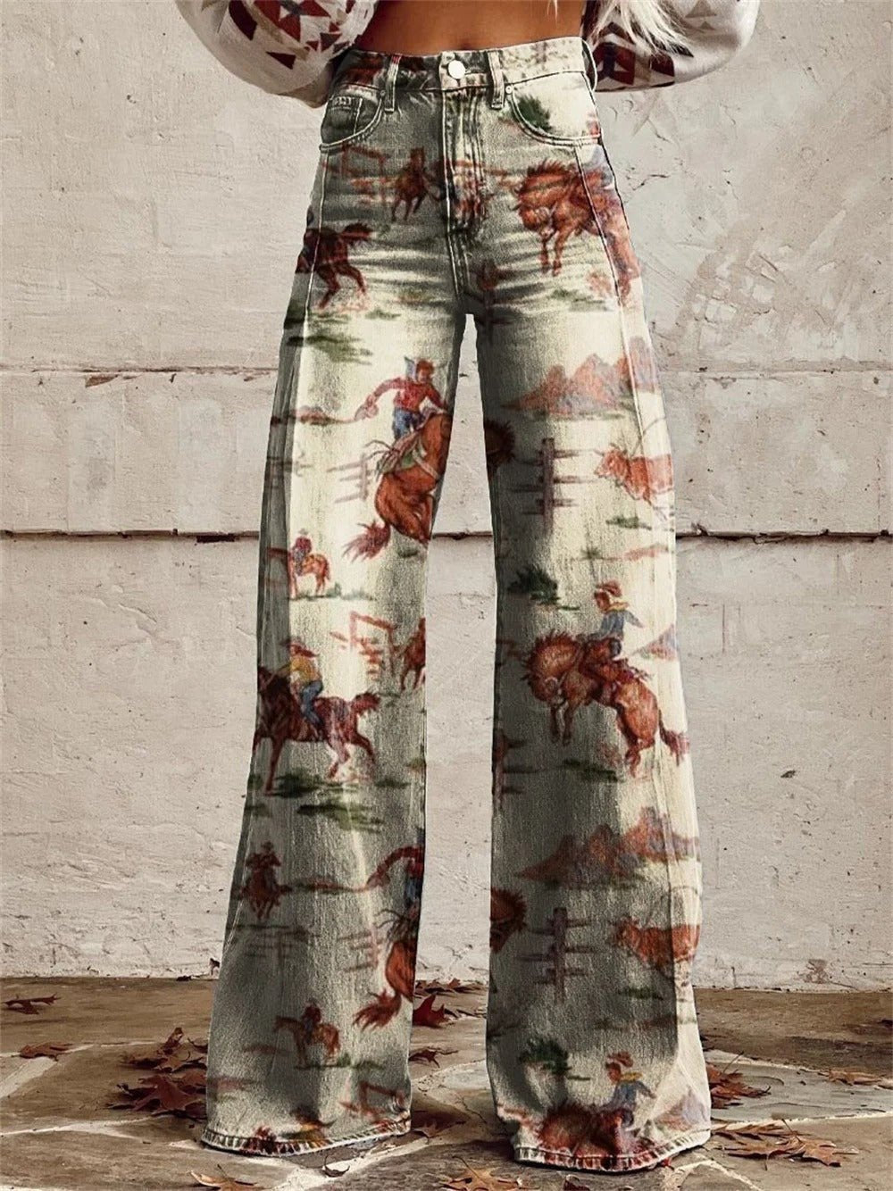 Layla | Women's High-Waist Wide-Leg Western Print Denim Pants