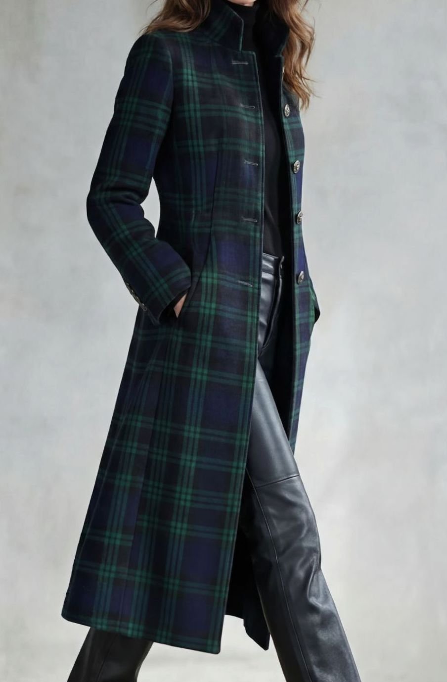 Luna | Women's Highland Plaid Wool Blend Long Button-Up Coat