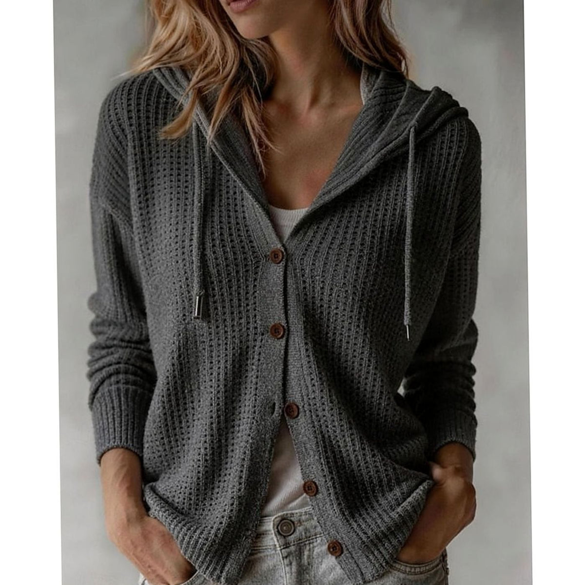 Grace | Women's Hooded Button-Front Ribbed Knit Cardigan