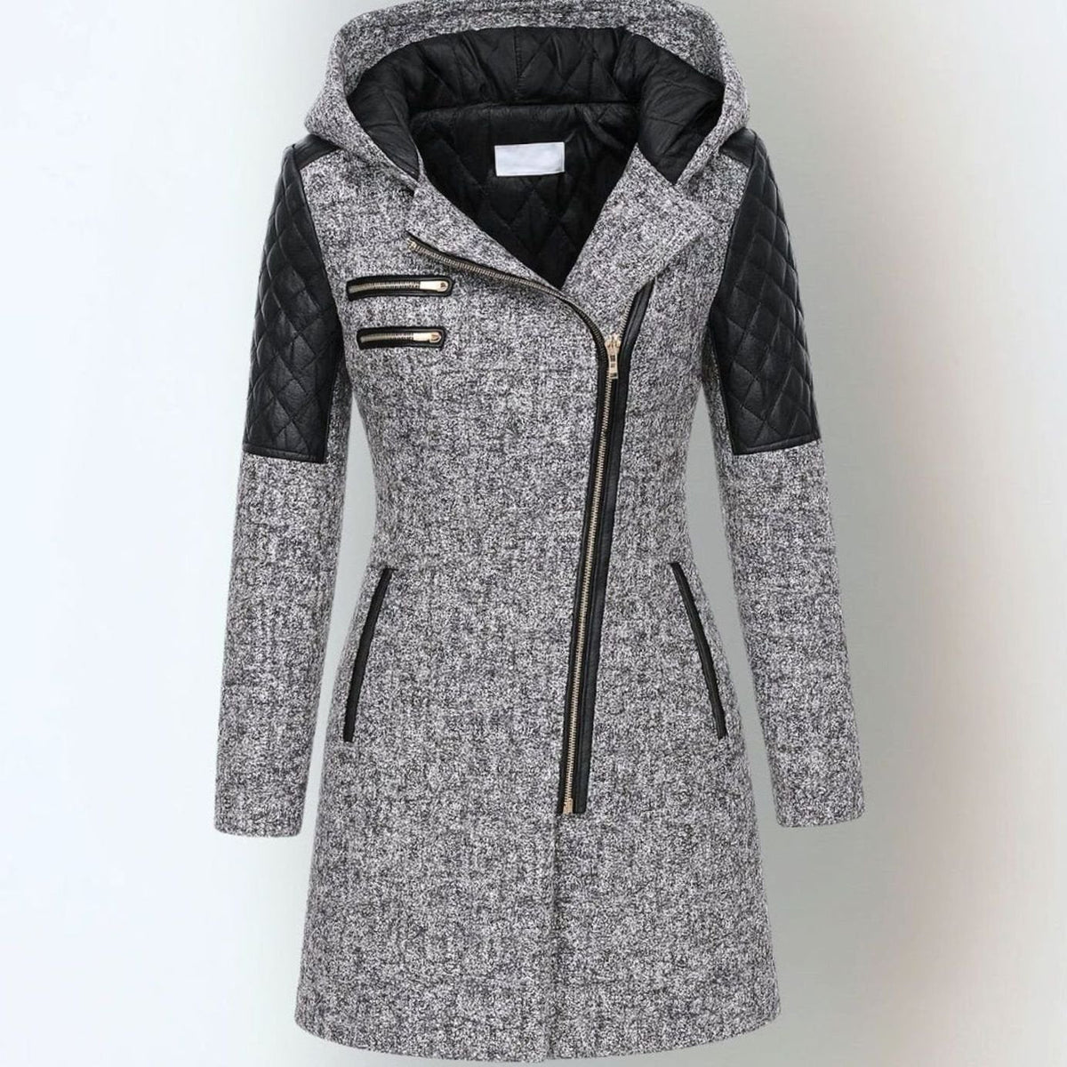 Isabella | Women's Hooded Wool-Blend Moto Coat Quilted Leather Sleeve