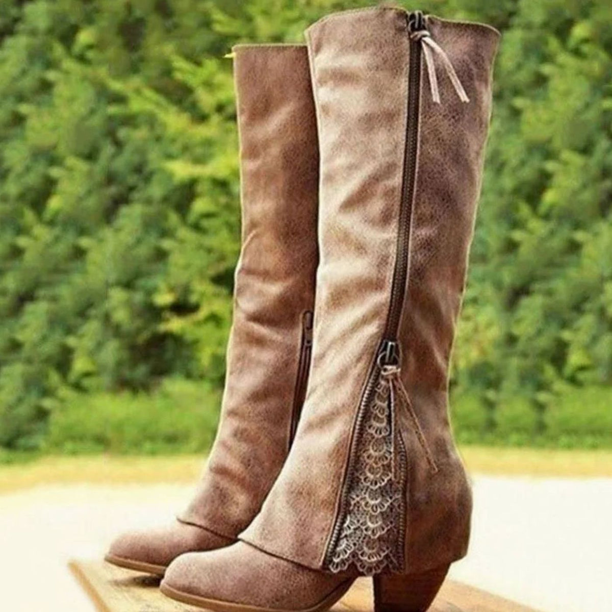 Scarlett | Women's Knee High Block Heel Boots Lace Detail Side Zip