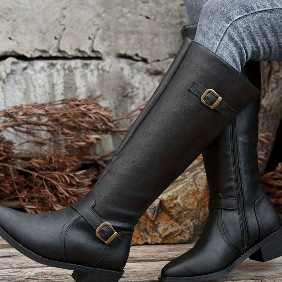 Madison | Women's Knee-High Riding Boots Buckle Zip Low Block Heel