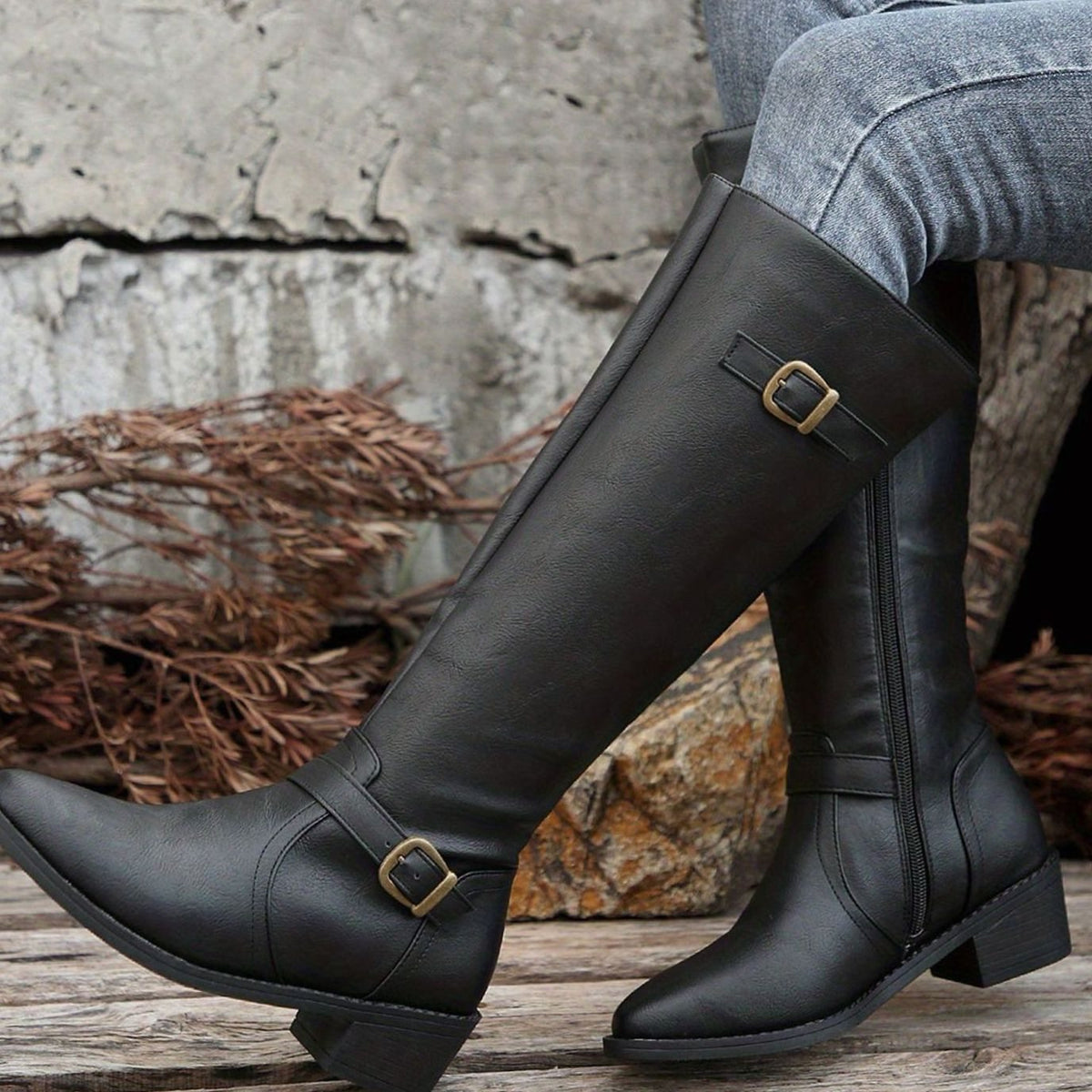 Scarlett  | Women's Knee-High Riding Boots Low Heel Double Buckle Zipper