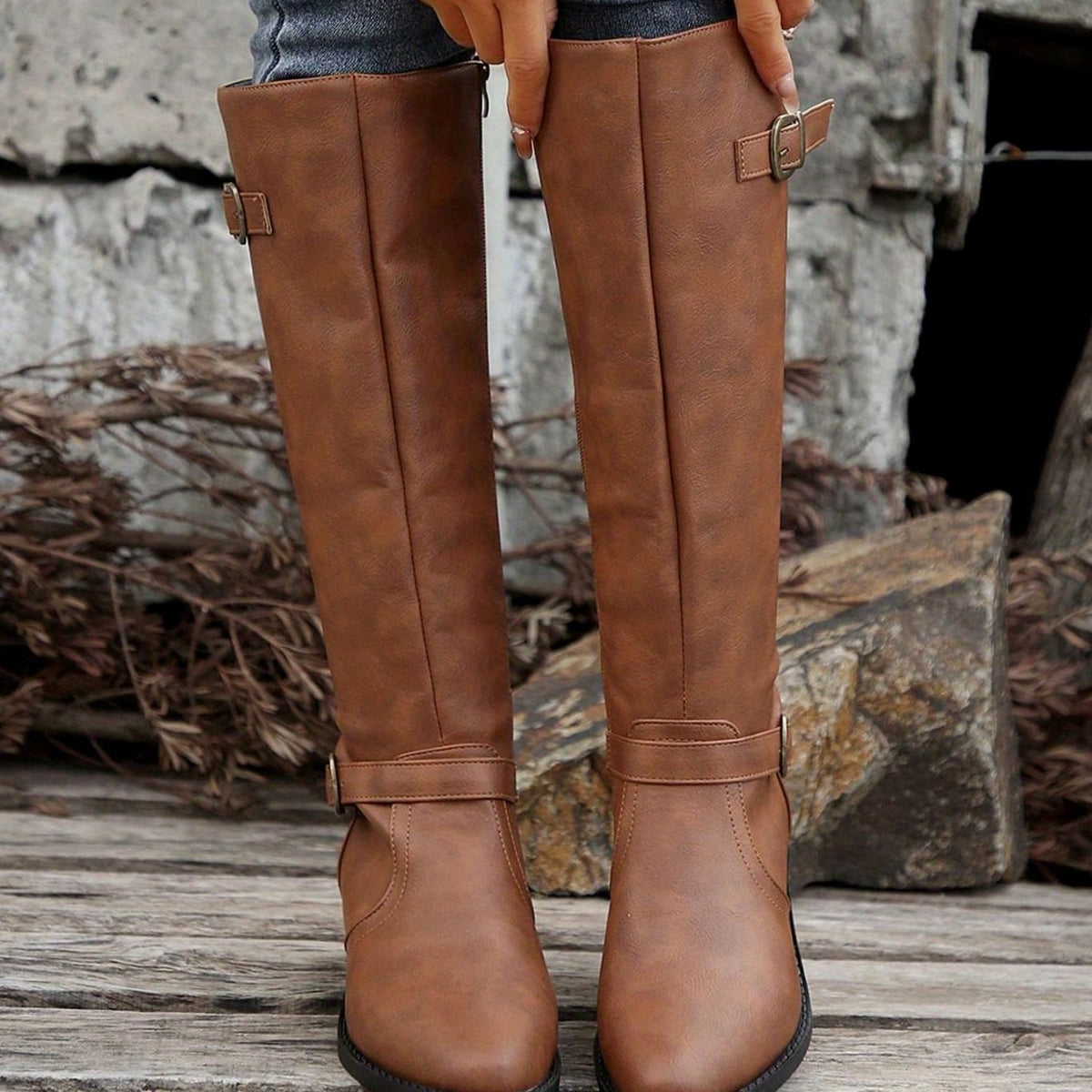 Scarlett  | Women's Knee-High Riding Boots Low Heel Double Buckle Zipper