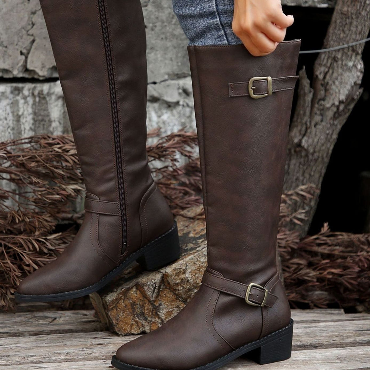 Scarlett  | Women's Knee-High Riding Boots Low Heel Double Buckle Zipper
