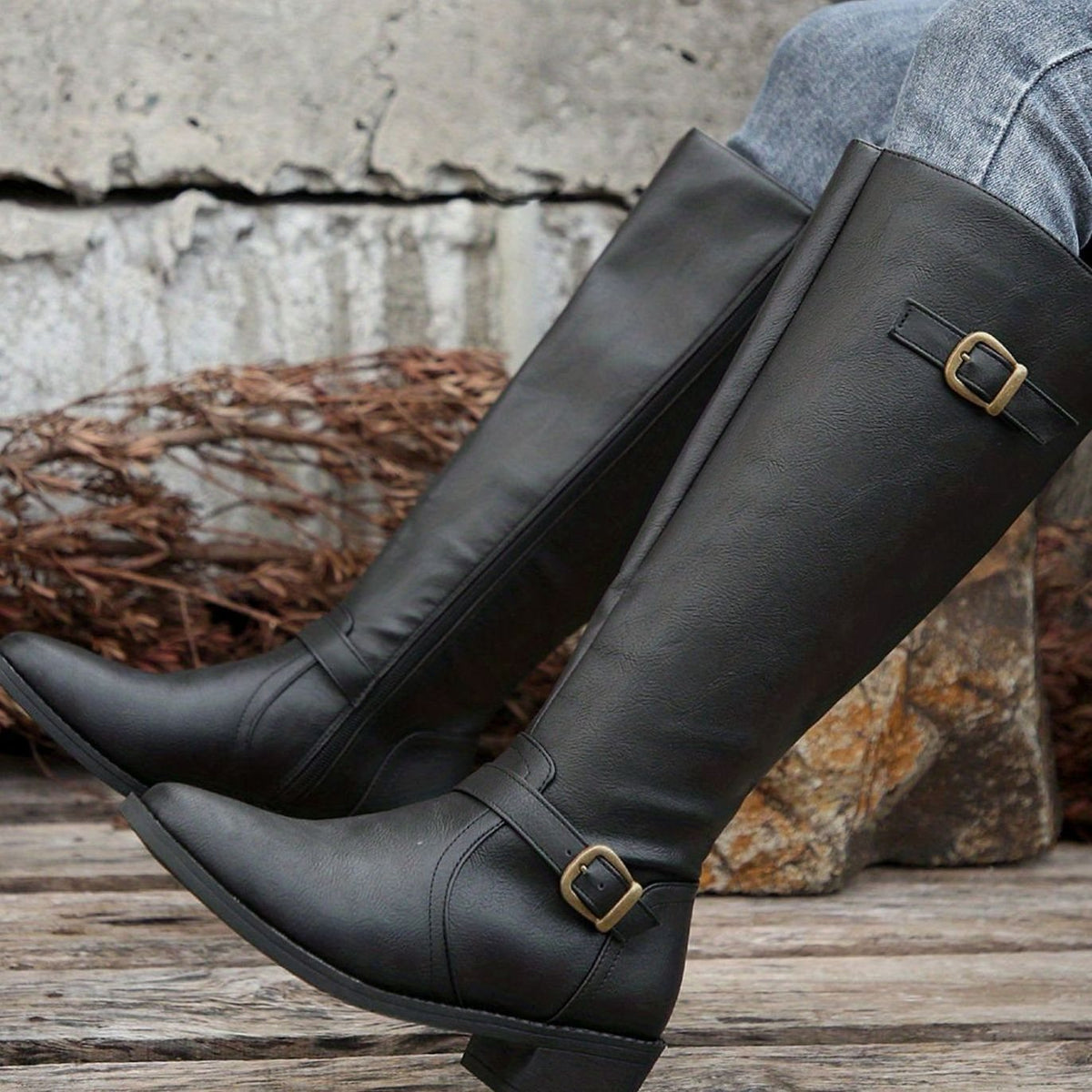 Scarlett  | Women's Knee-High Riding Boots Low Heel Double Buckle Zipper