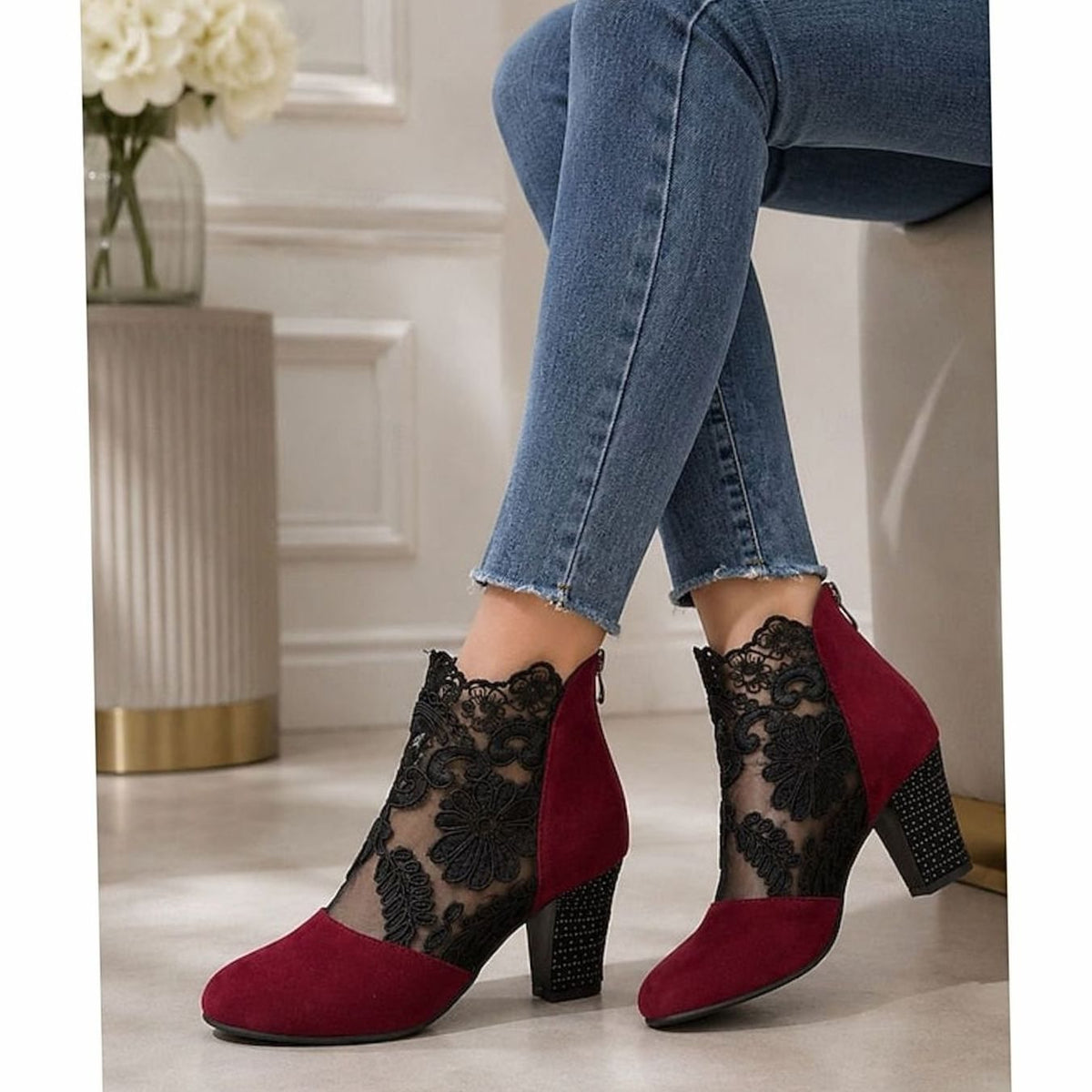 Grace | Women's Lace-Accent Block Heel Ankle Booties