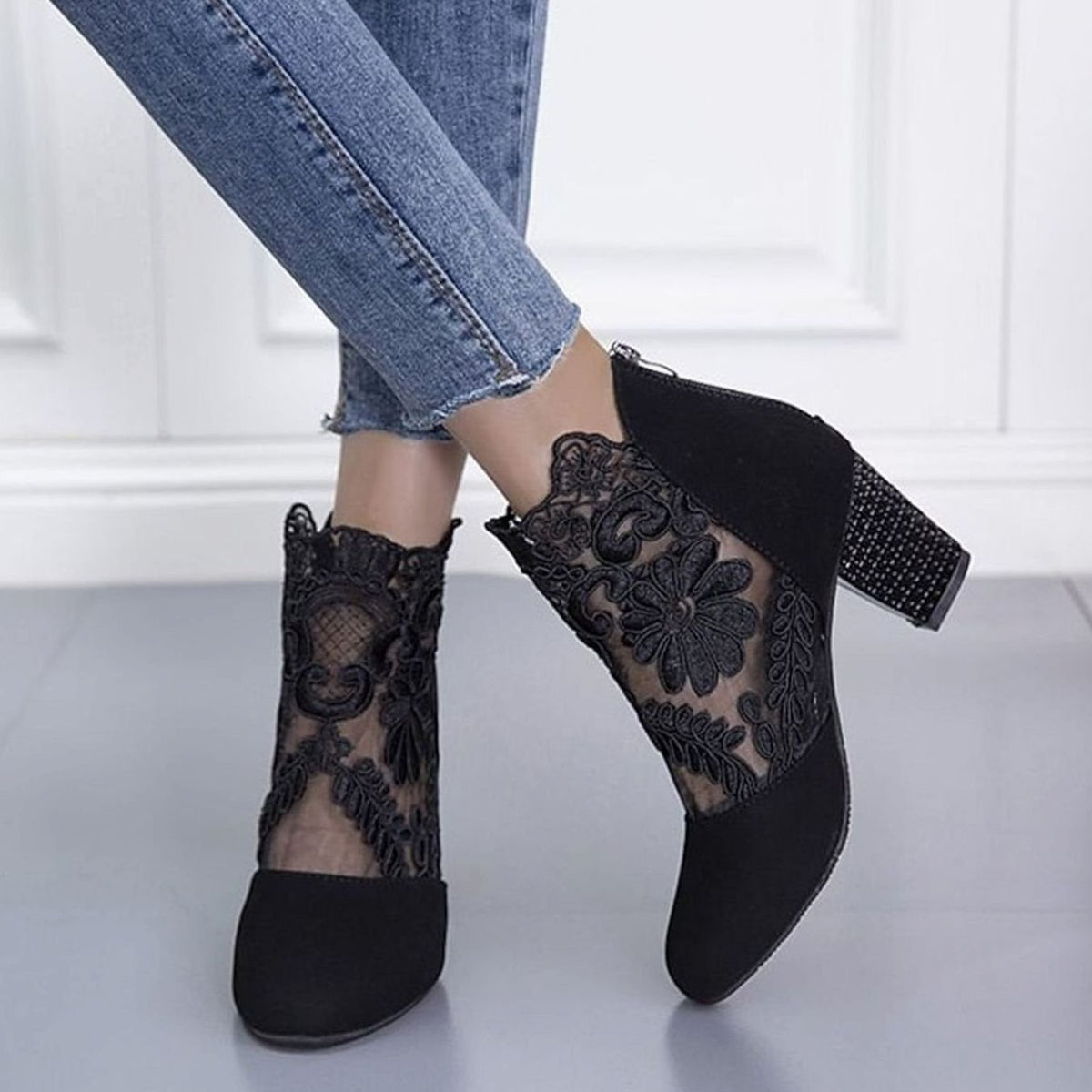Grace | Women's Lace-Accent Block Heel Ankle Booties