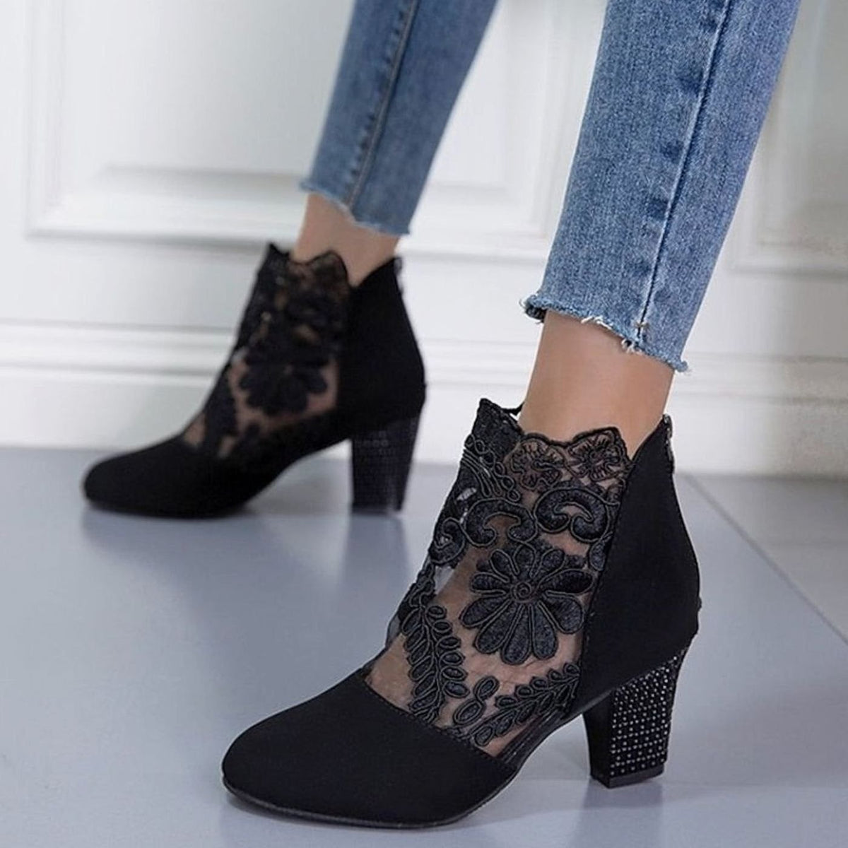 Grace | Women's Lace-Accent Block Heel Ankle Booties
