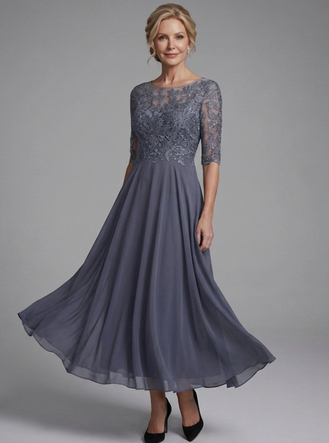 Olivia | Women's Lace Bodice Sheer Sleeve Midi Dress