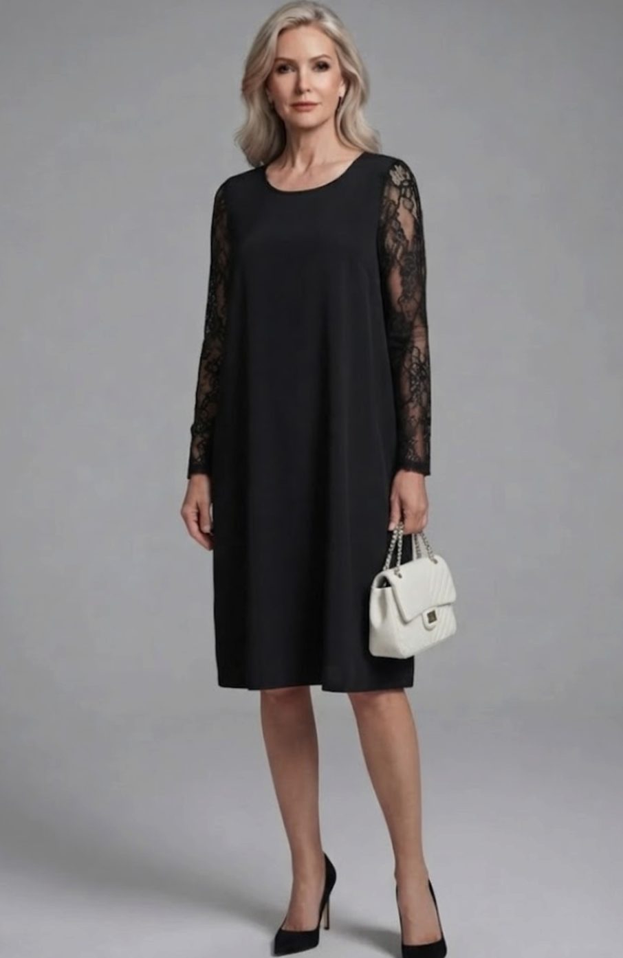 Olivia | Women's Lace Sleeve Peplum Fitted Black Midi Cocktail Dress