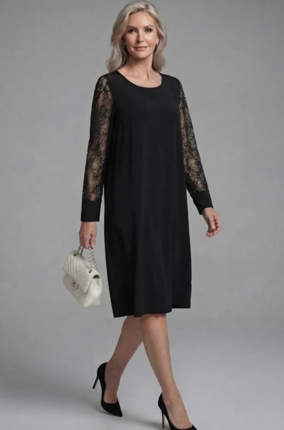 Olivia | Women's Lace Sleeve Peplum Fitted Black Midi Cocktail Dress