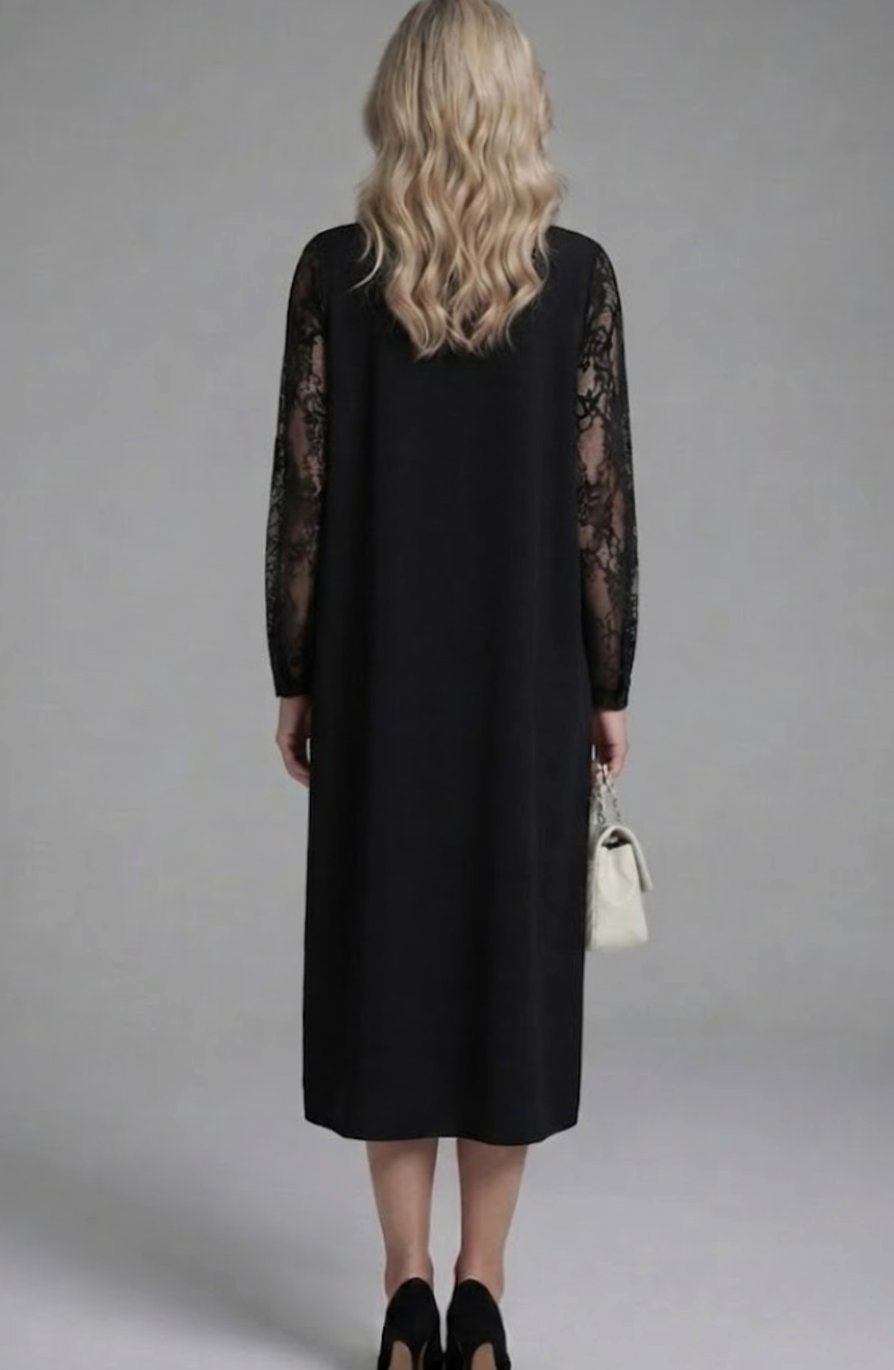 Olivia | Women's Lace Sleeve Peplum Fitted Black Midi Cocktail Dress