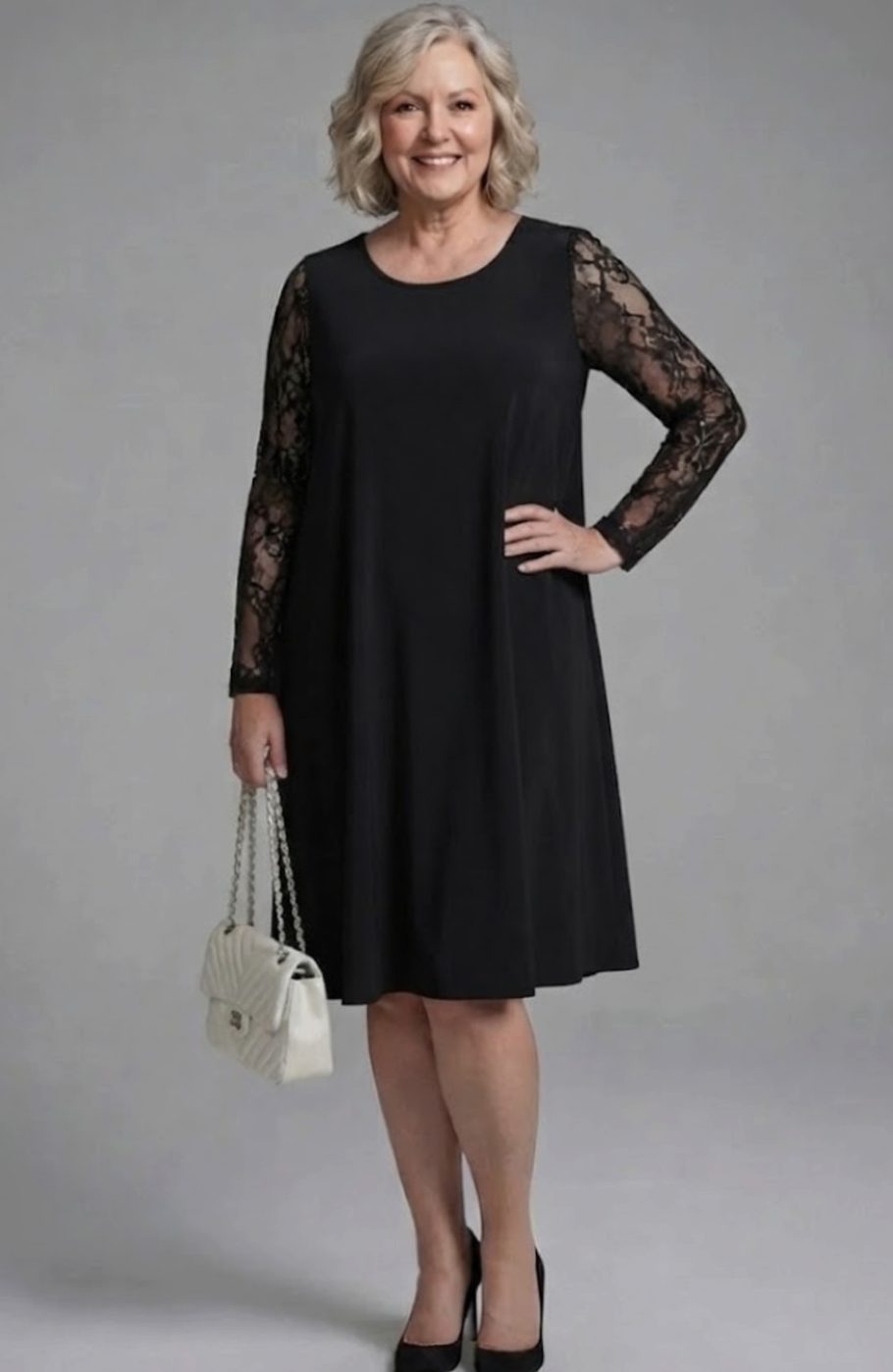 Olivia | Women's Lace Sleeve Peplum Fitted Black Midi Cocktail Dress