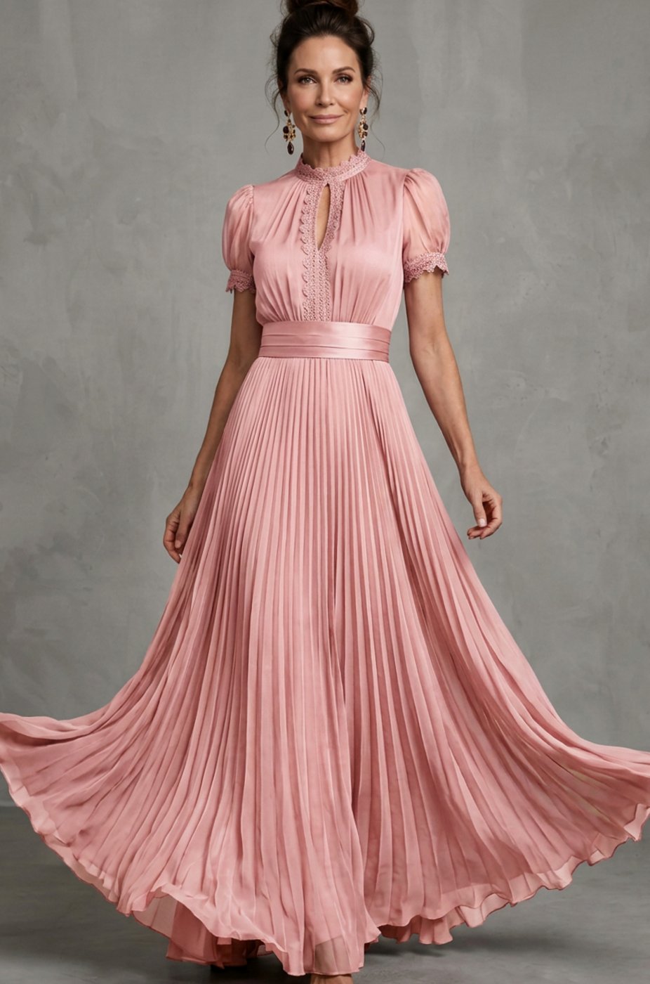 Penelope | Women's Lace-Trim Pleated Maxi Dress Puff Sleeve Keyhole Gown