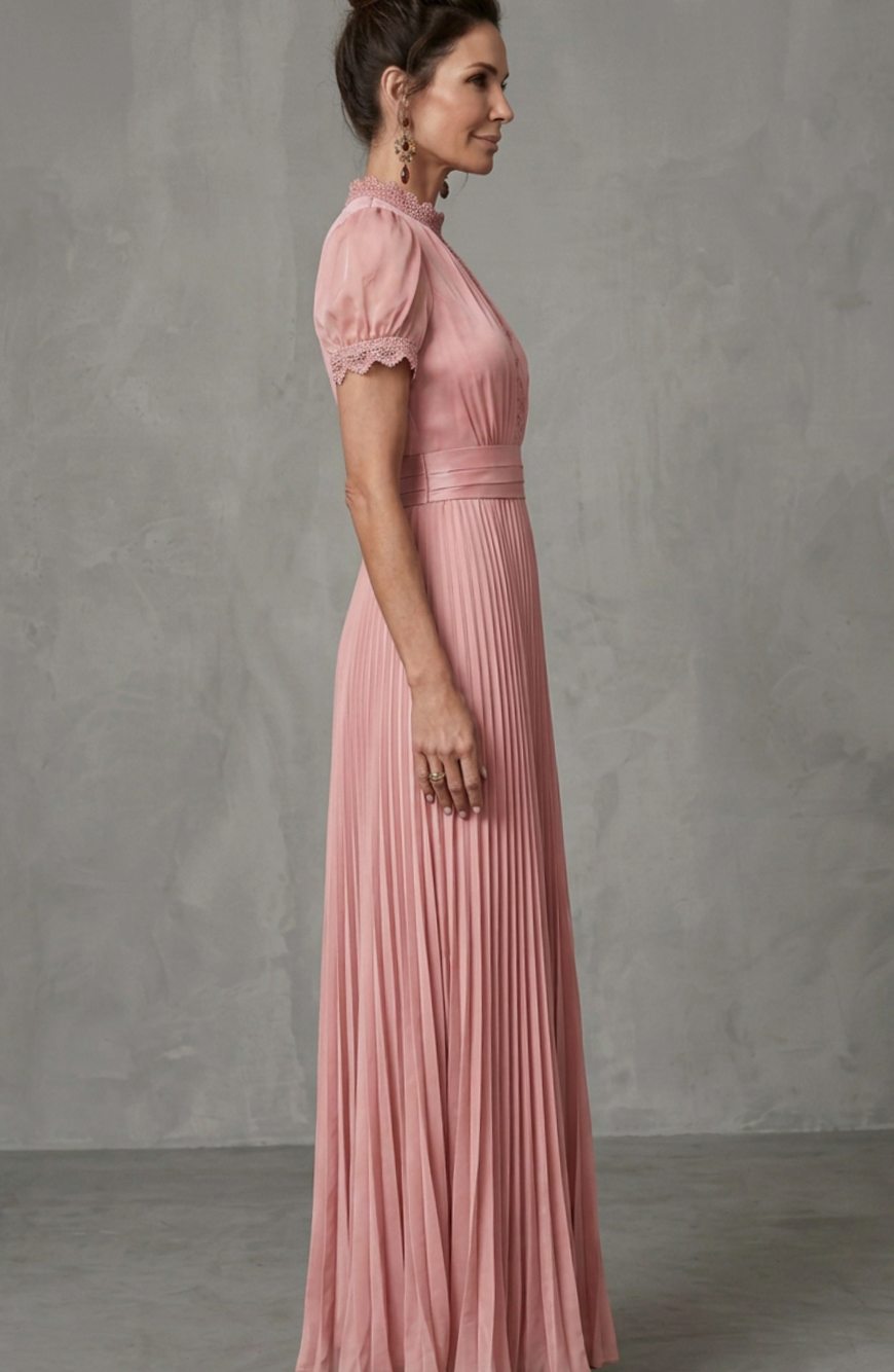 Penelope | Women's Lace-Trim Pleated Maxi Dress Puff Sleeve Keyhole Gown