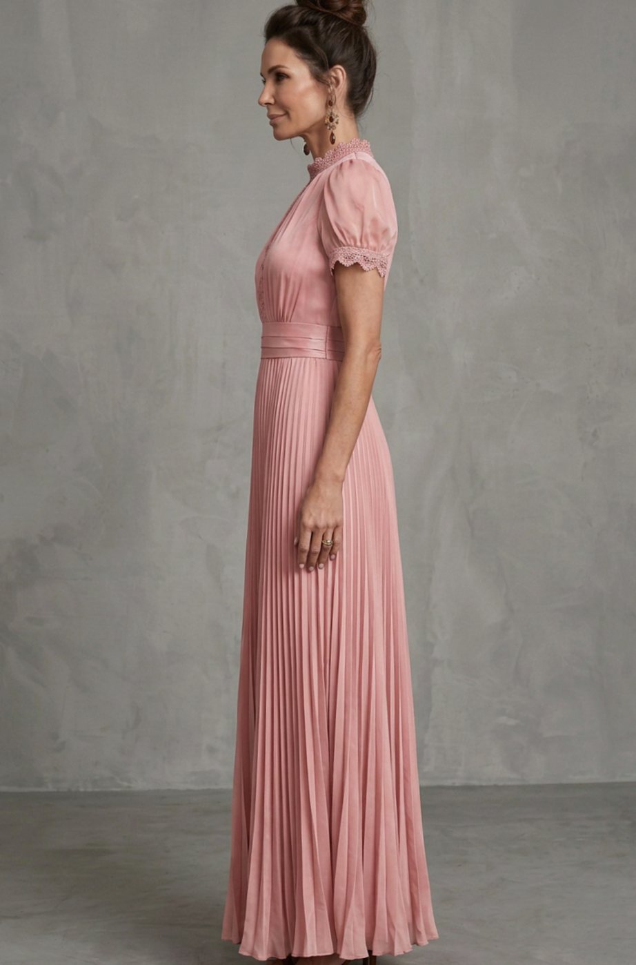 Penelope | Women's Lace-Trim Pleated Maxi Dress Puff Sleeve Keyhole Gown