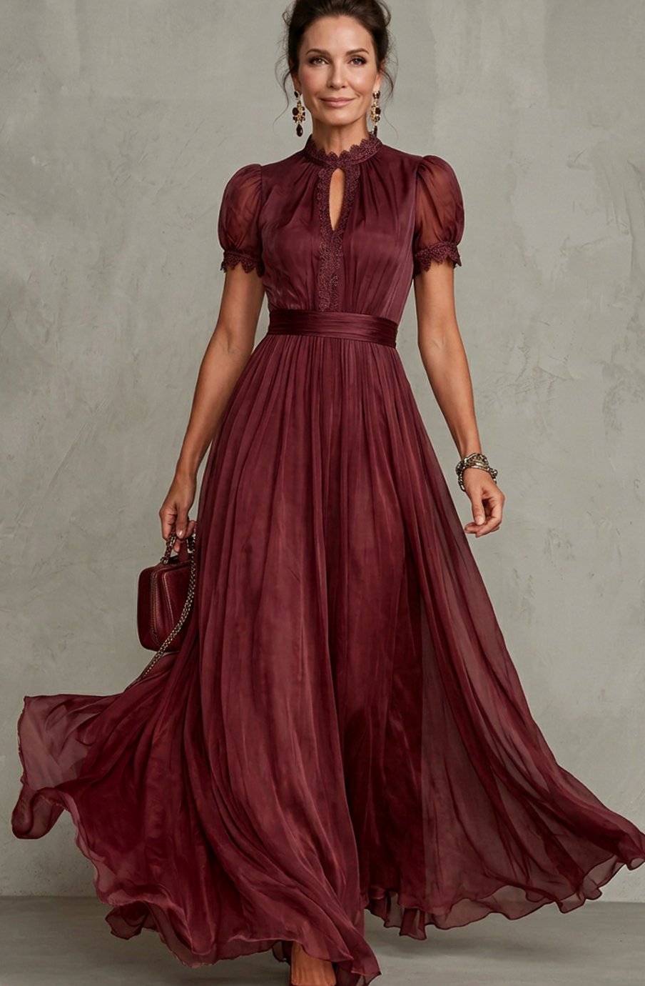 Penelope | Women's Lace-Trim Pleated Maxi Dress Puff Sleeve Keyhole Gown