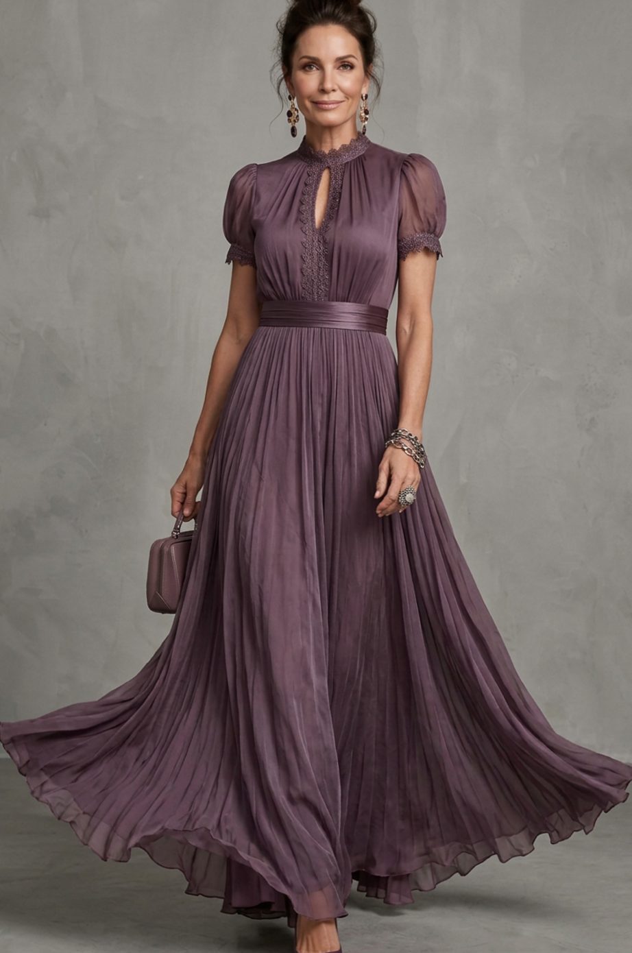 Penelope | Women's Lace-Trim Pleated Maxi Dress Puff Sleeve Keyhole Gown