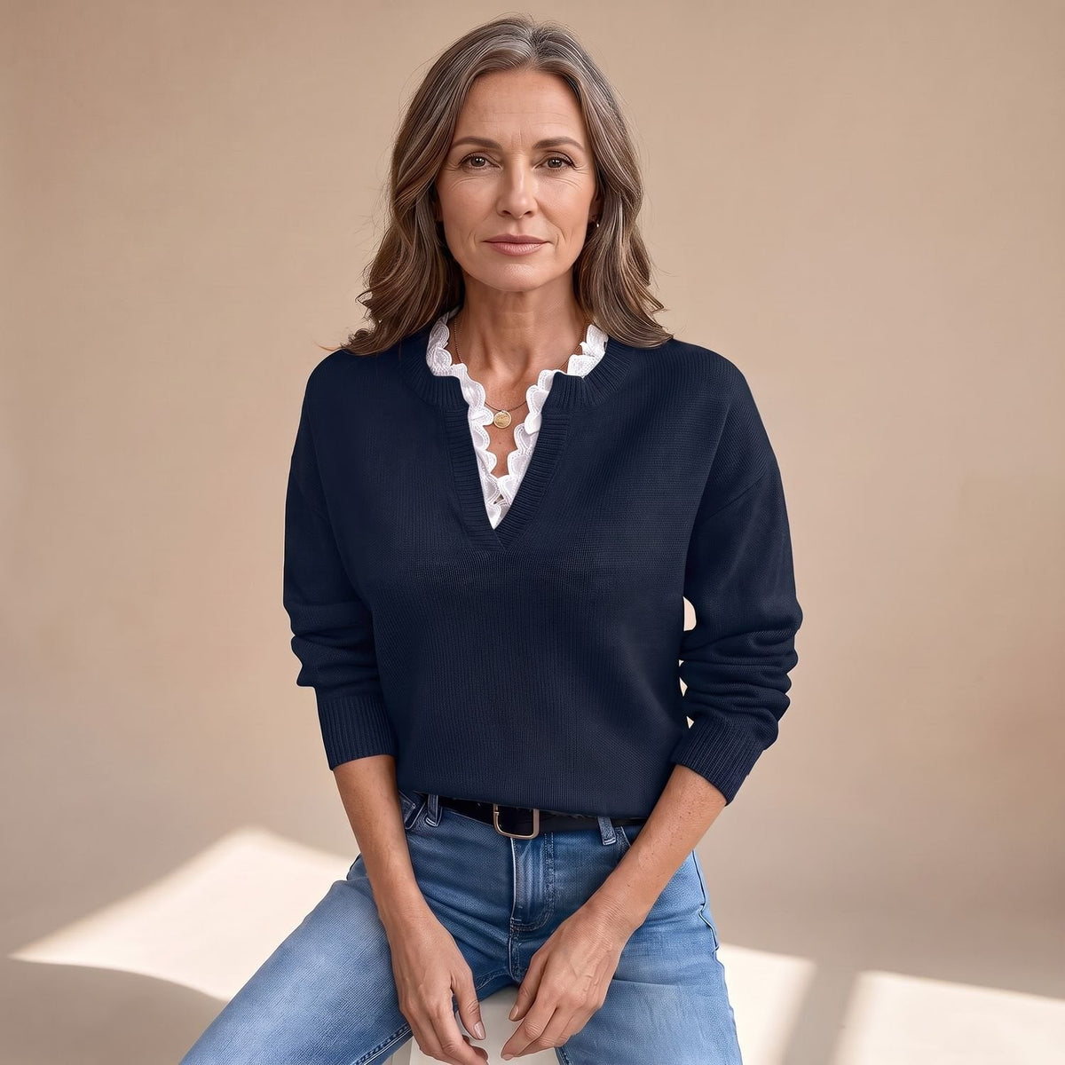 Scarlett | Women's Lace-Trim V-Neck Long Sleeve Knit Sweater