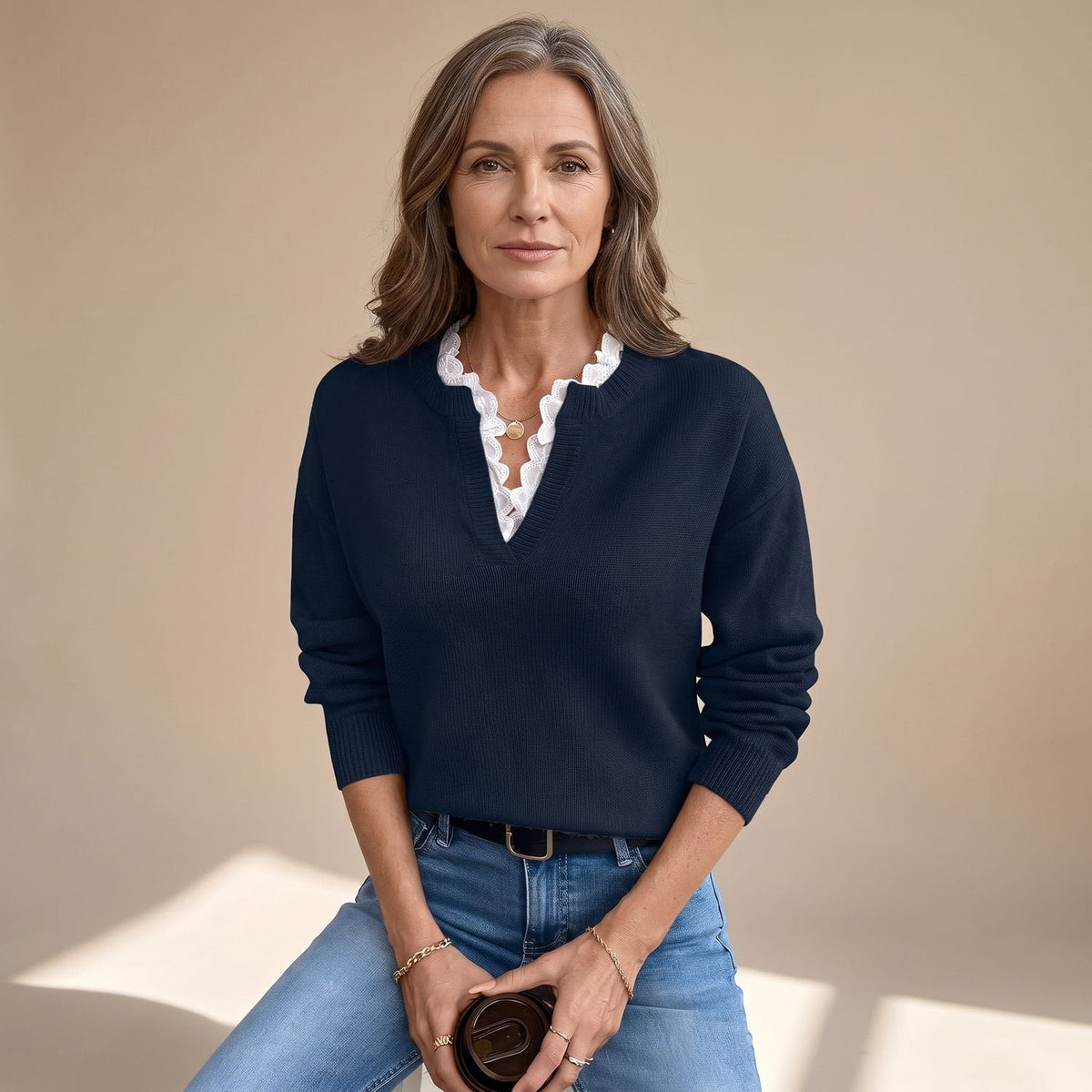 Scarlett | Women's Lace-Trim V-Neck Long Sleeve Knit Sweater