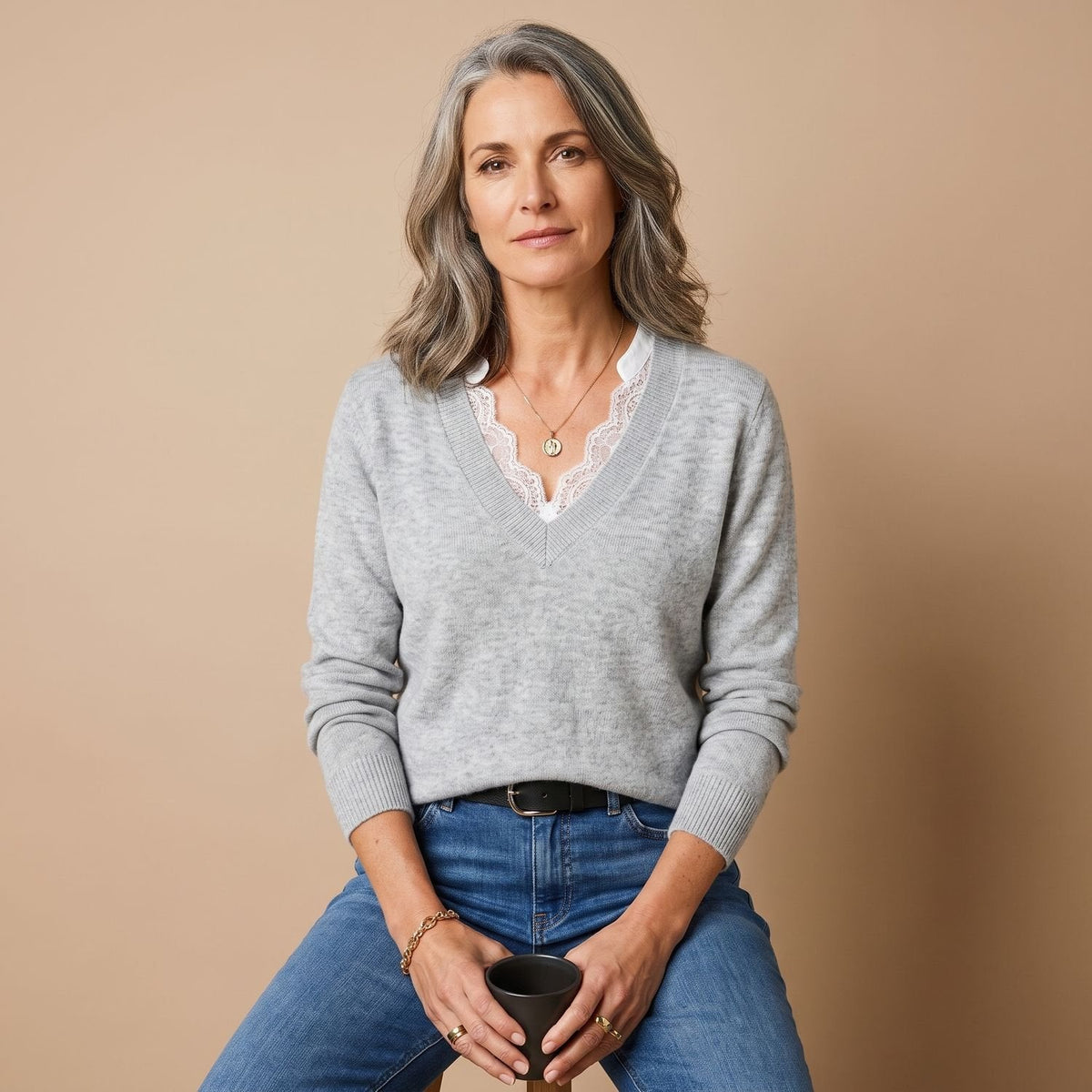 Scarlett | Women's Lace-Trim V-Neck Long Sleeve Knit Sweater
