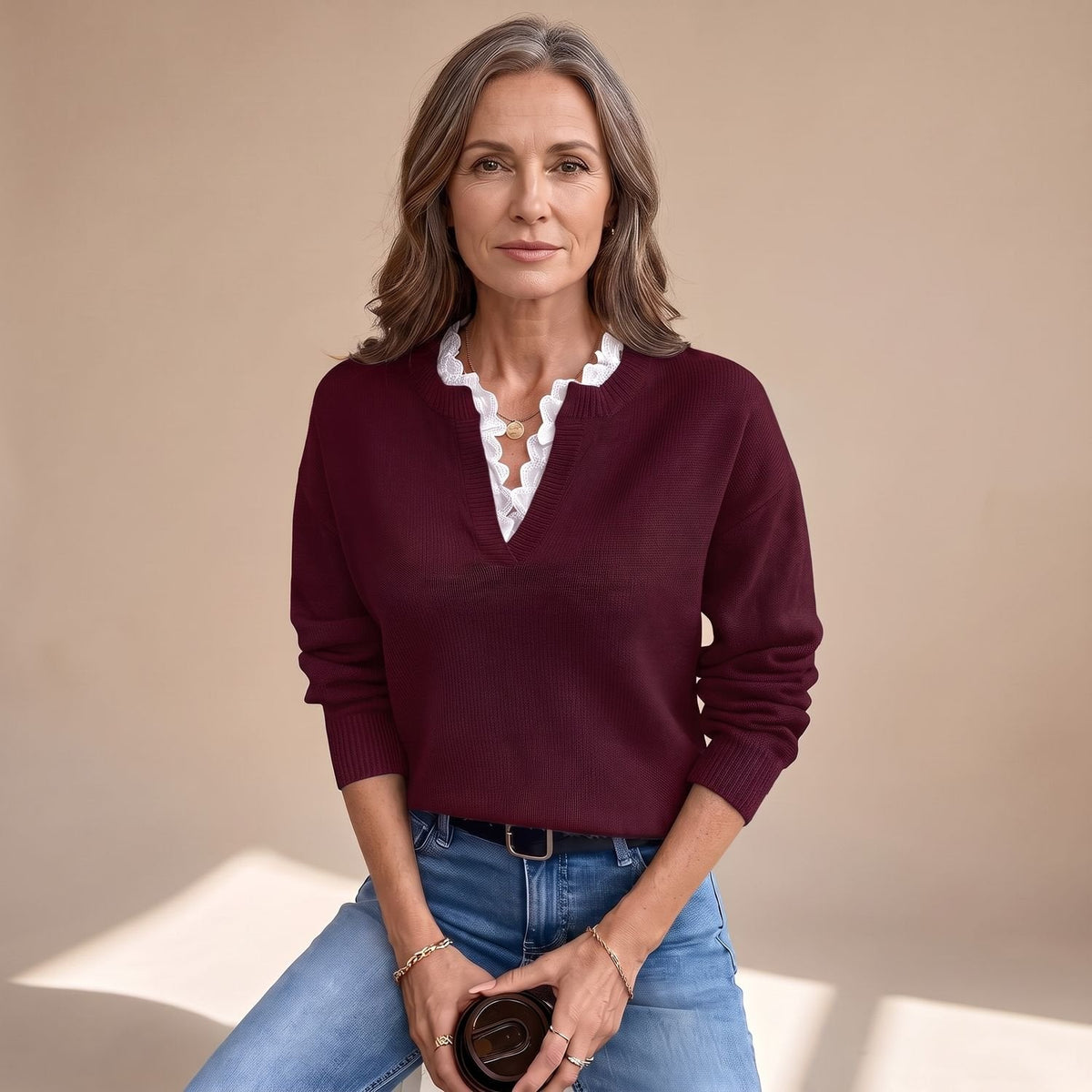 Scarlett | Women's Lace-Trim V-Neck Long Sleeve Knit Sweater