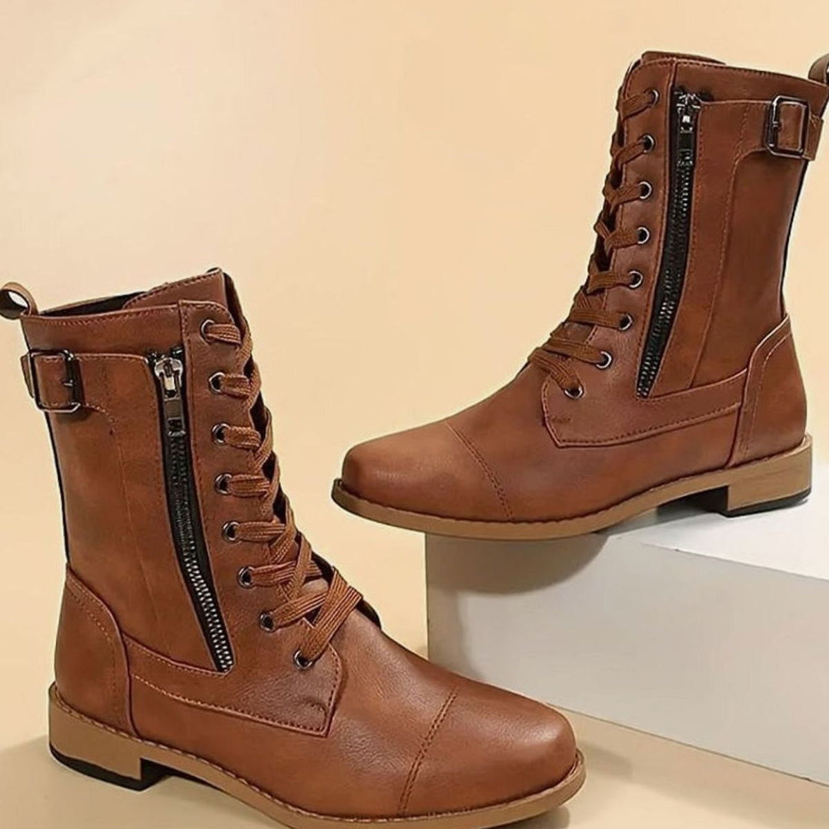 Charlotte | Women's Lace-Up Combat Boots Buckle Side-Zip Round Toe