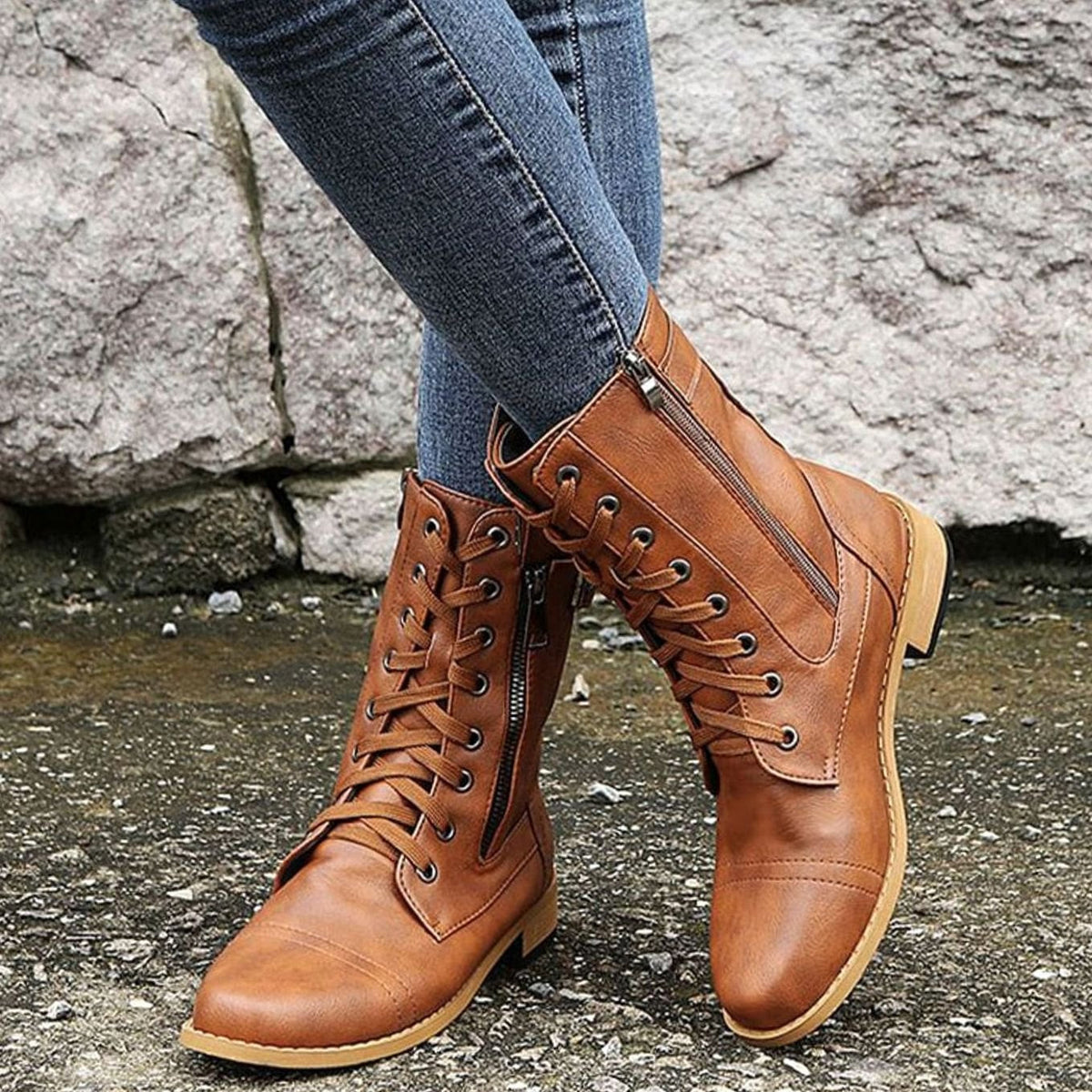 Charlotte | Women's Lace-Up Combat Boots Buckle Side-Zip Round Toe