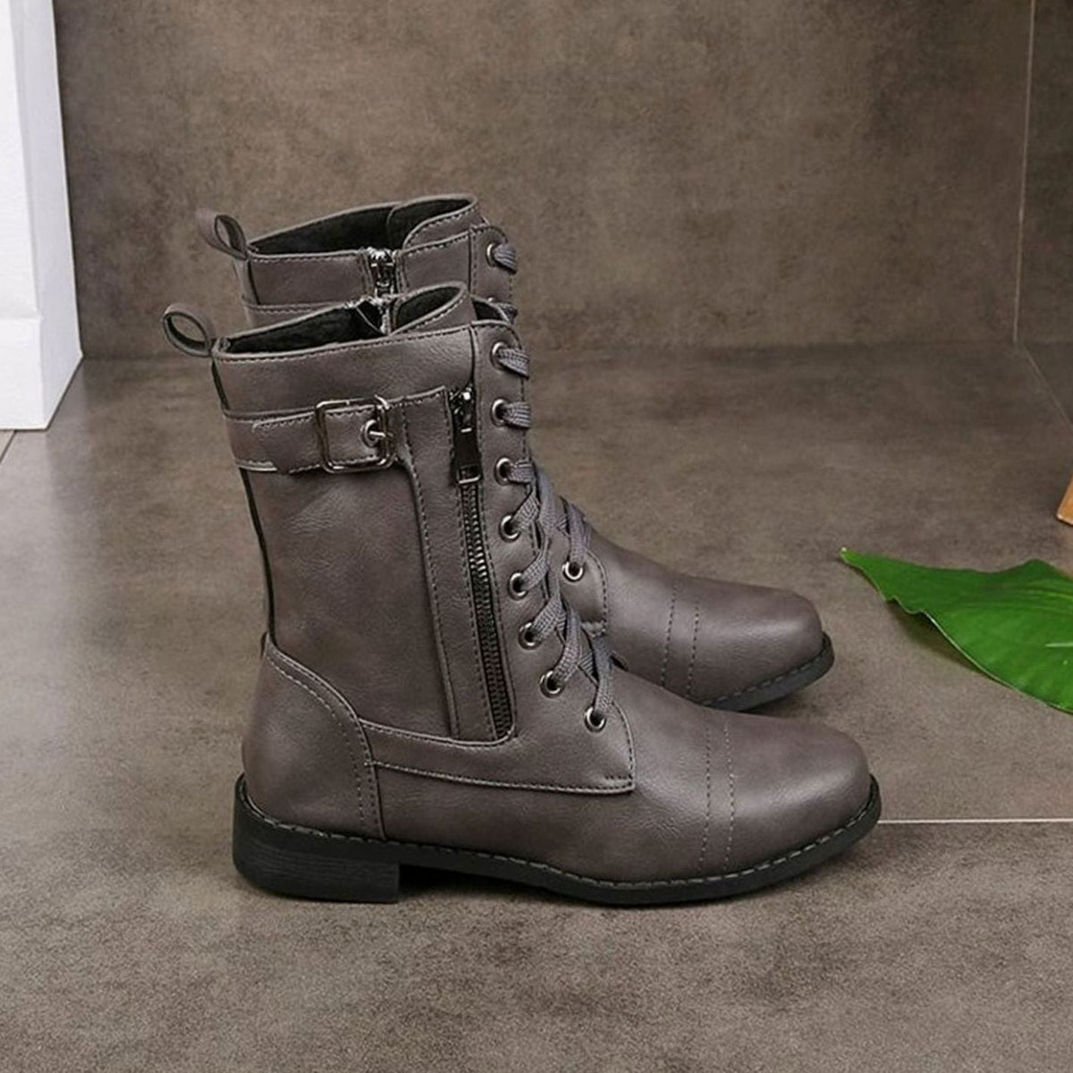 Charlotte | Women's Lace-Up Combat Boots Buckle Side-Zip Round Toe