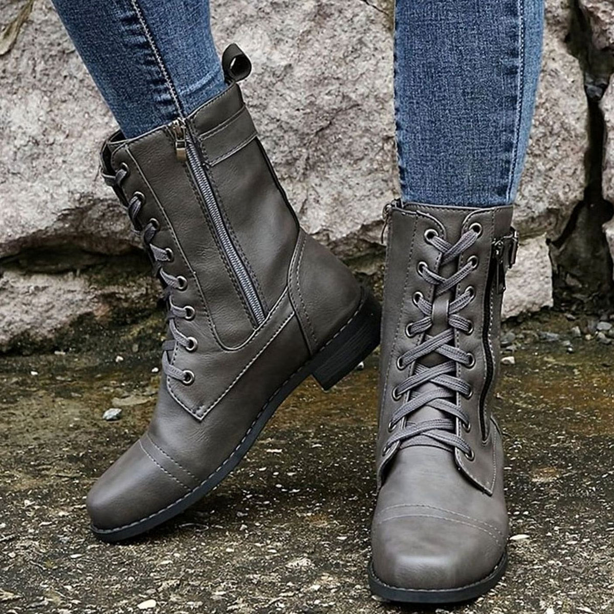 Charlotte | Women's Lace-Up Combat Boots Buckle Side-Zip Round Toe